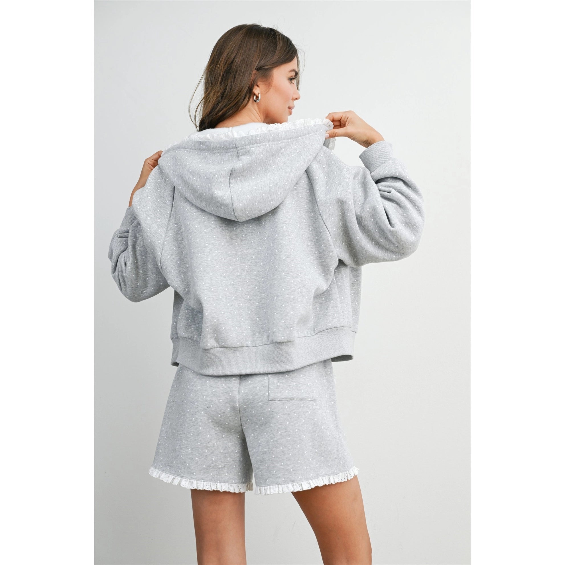 Polka Dot Ruffle Trim Zip - Up Hoodie - Westly