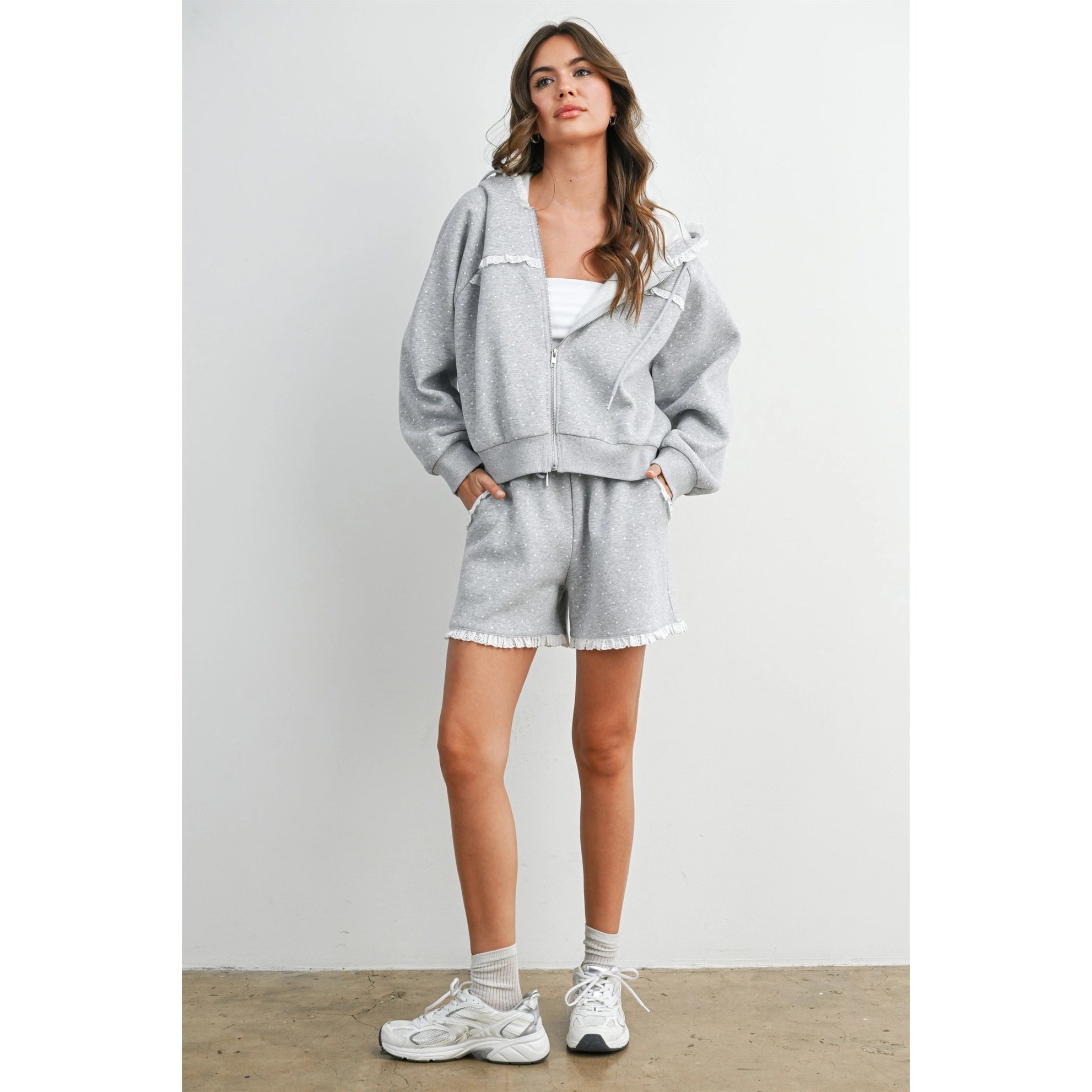 Polka Dot Ruffle Trim Zip - Up Hoodie - Westly
