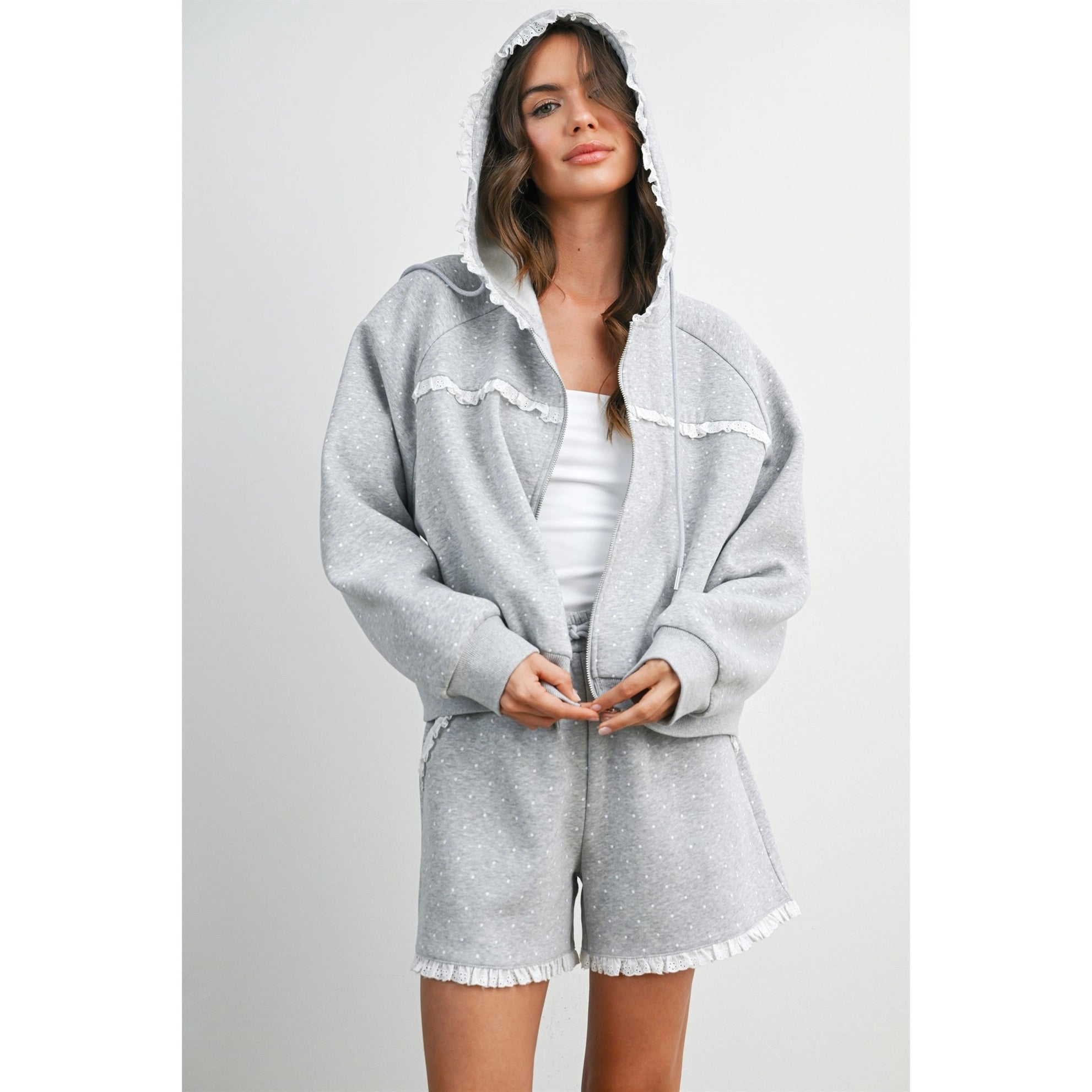Polka Dot Ruffle Trim Zip - Up Hoodie - Westly