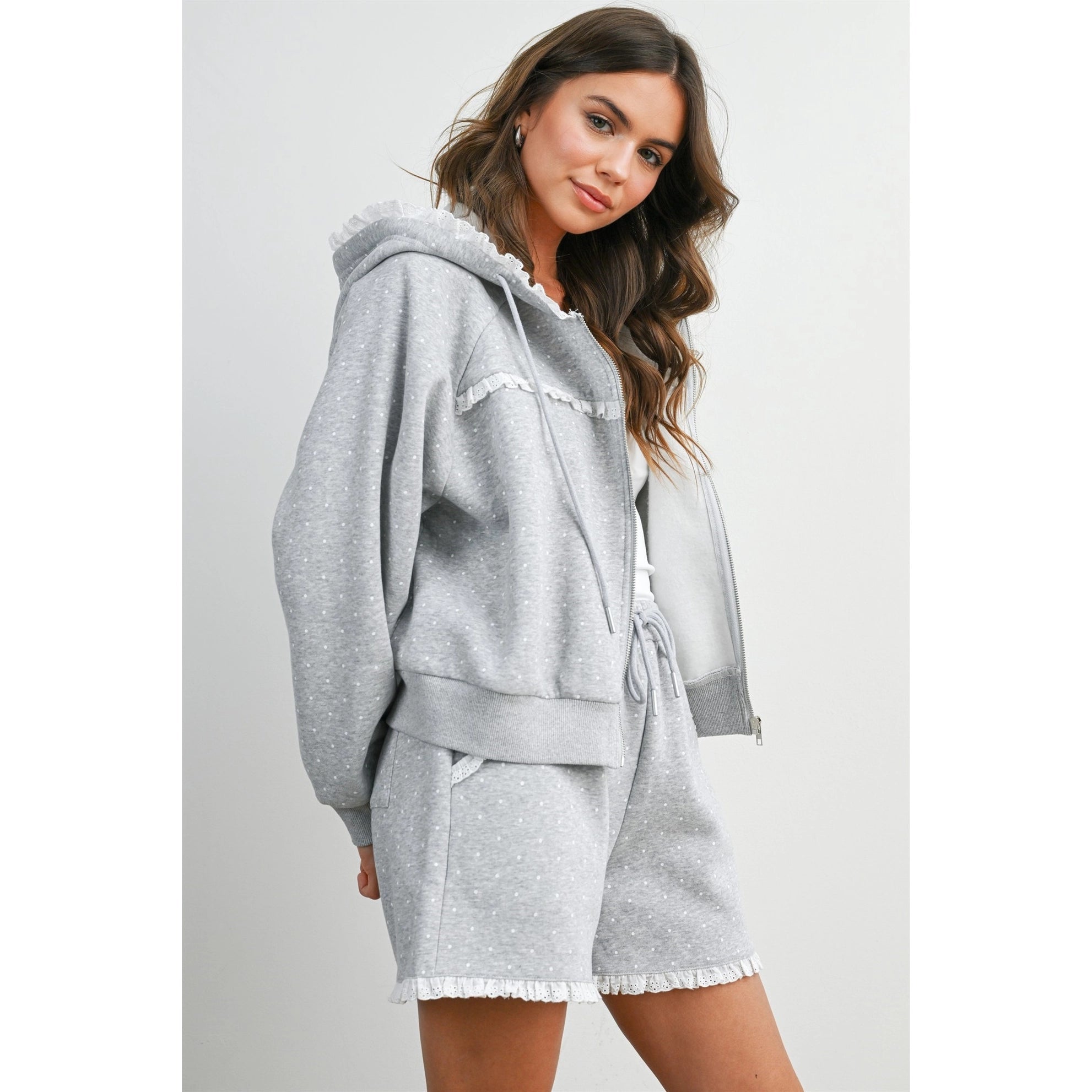 Polka Dot Ruffle Trim Zip - Up Hoodie - Westly