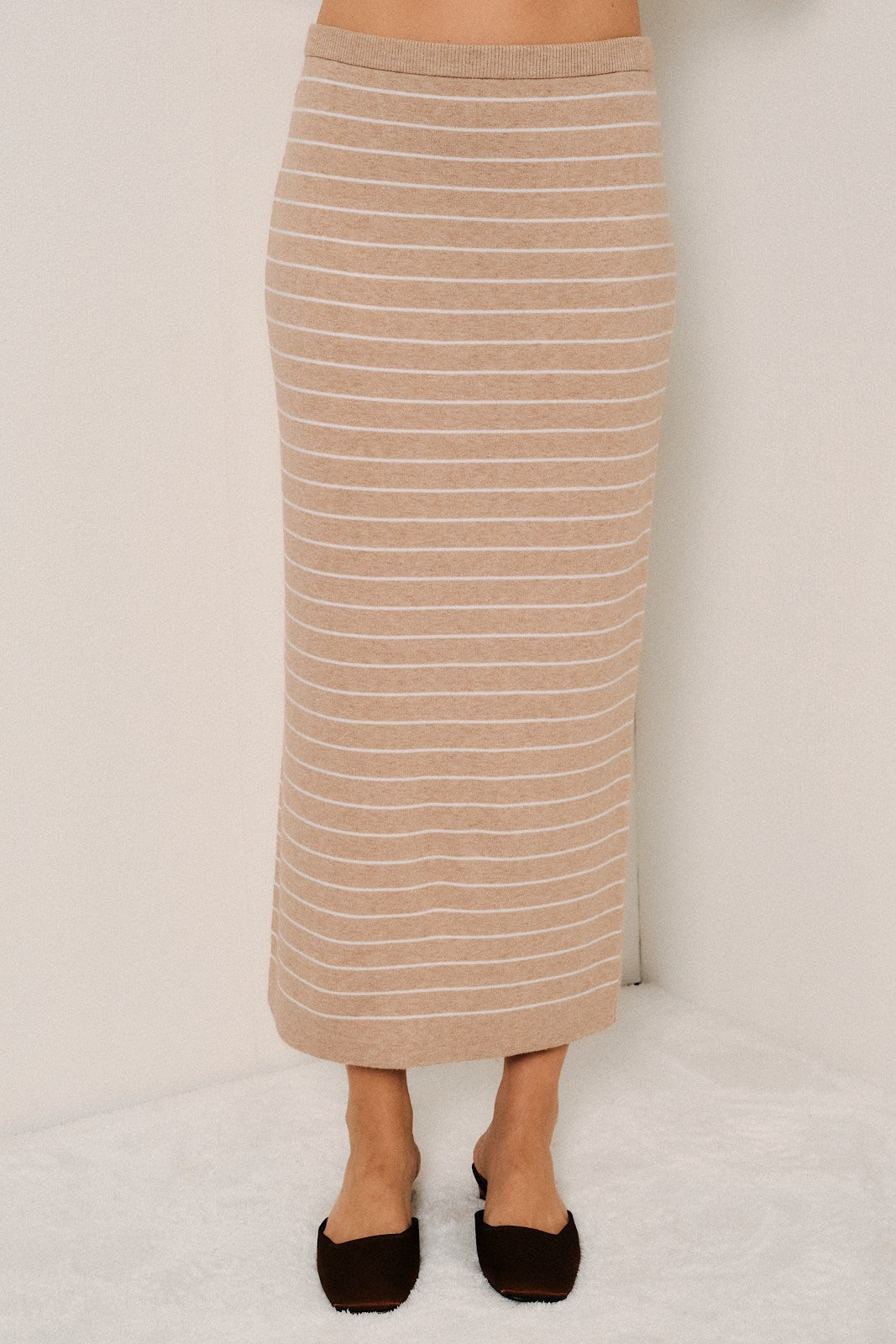 Portline Striped Knit Midi Skirt - Taupe White Stripe