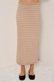 Portline Striped Knit Midi Skirt - Taupe White Stripe