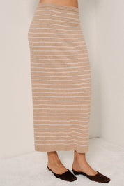 Portline Striped Knit Midi Skirt - Taupe White Stripe