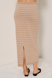 Portline Striped Knit Midi Skirt - Taupe White Stripe
