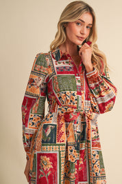 Portobello Road Belted Patchwork Print Midi Dress in Amber Multi, photo 1