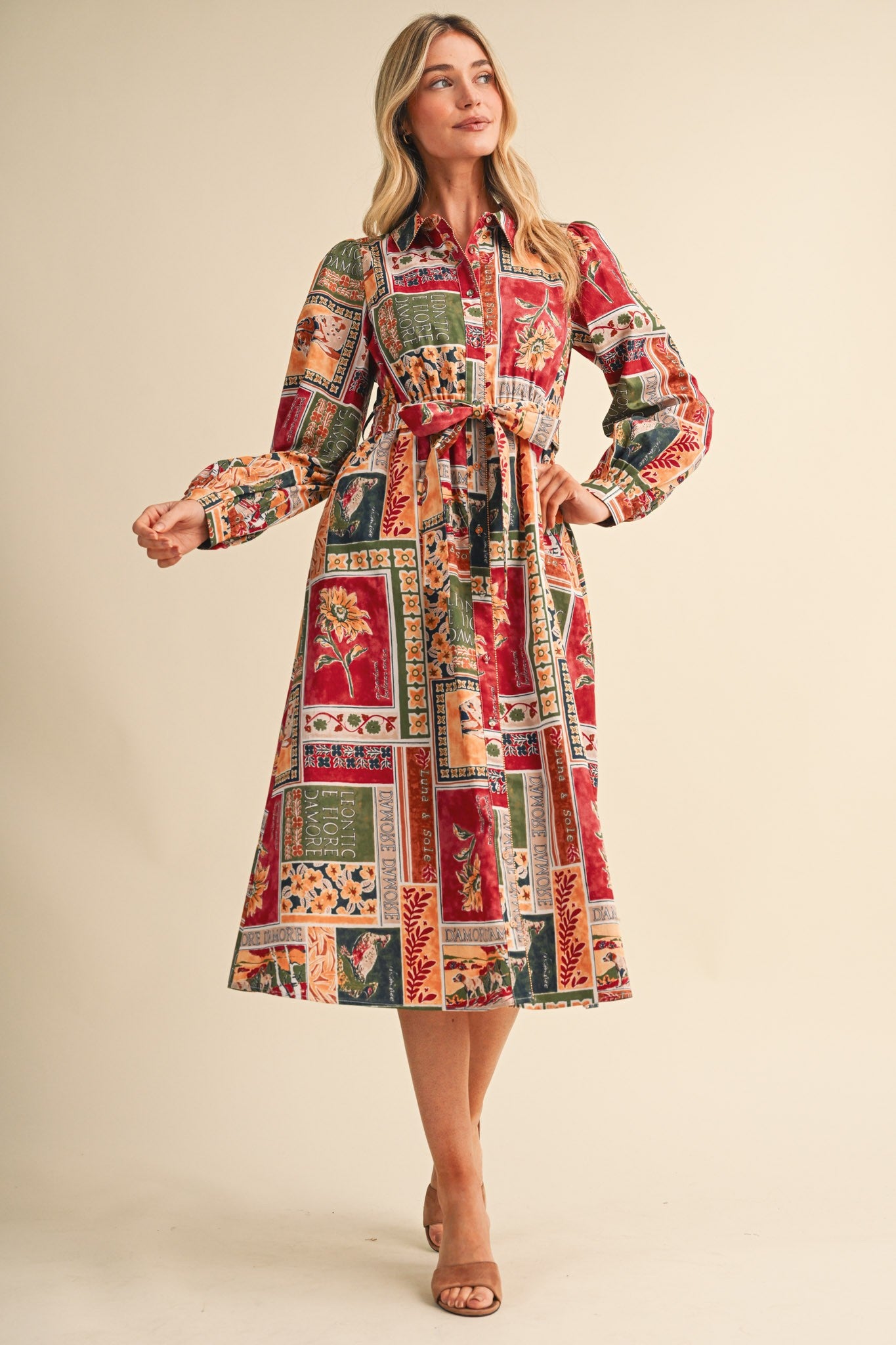 Portobello Road Belted Patchwork Print Midi Dress in Amber Multi, photo 3