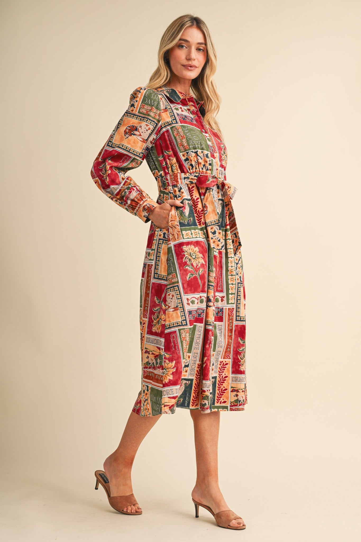 Portobello Road Belted Patchwork Print Midi Dress in Amber Multi, photo 6