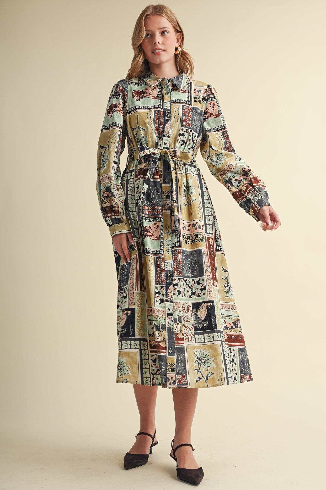 Portobello Road Belted Patchwork Print Midi Dress in Ash Grey Multi, photo 2