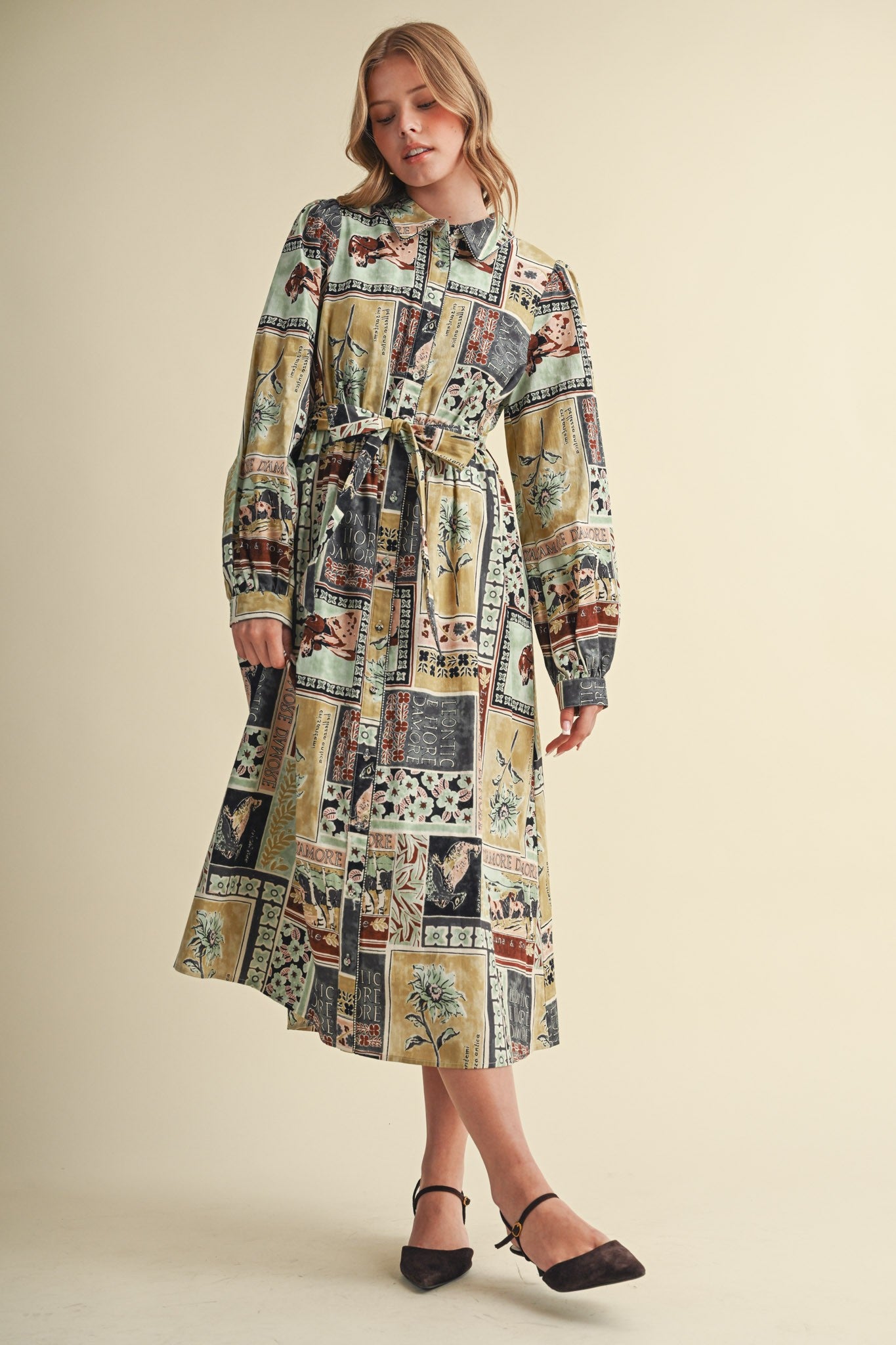 Portobello Road Belted Patchwork Print Midi Dress in Ash Grey Multi, photo 3