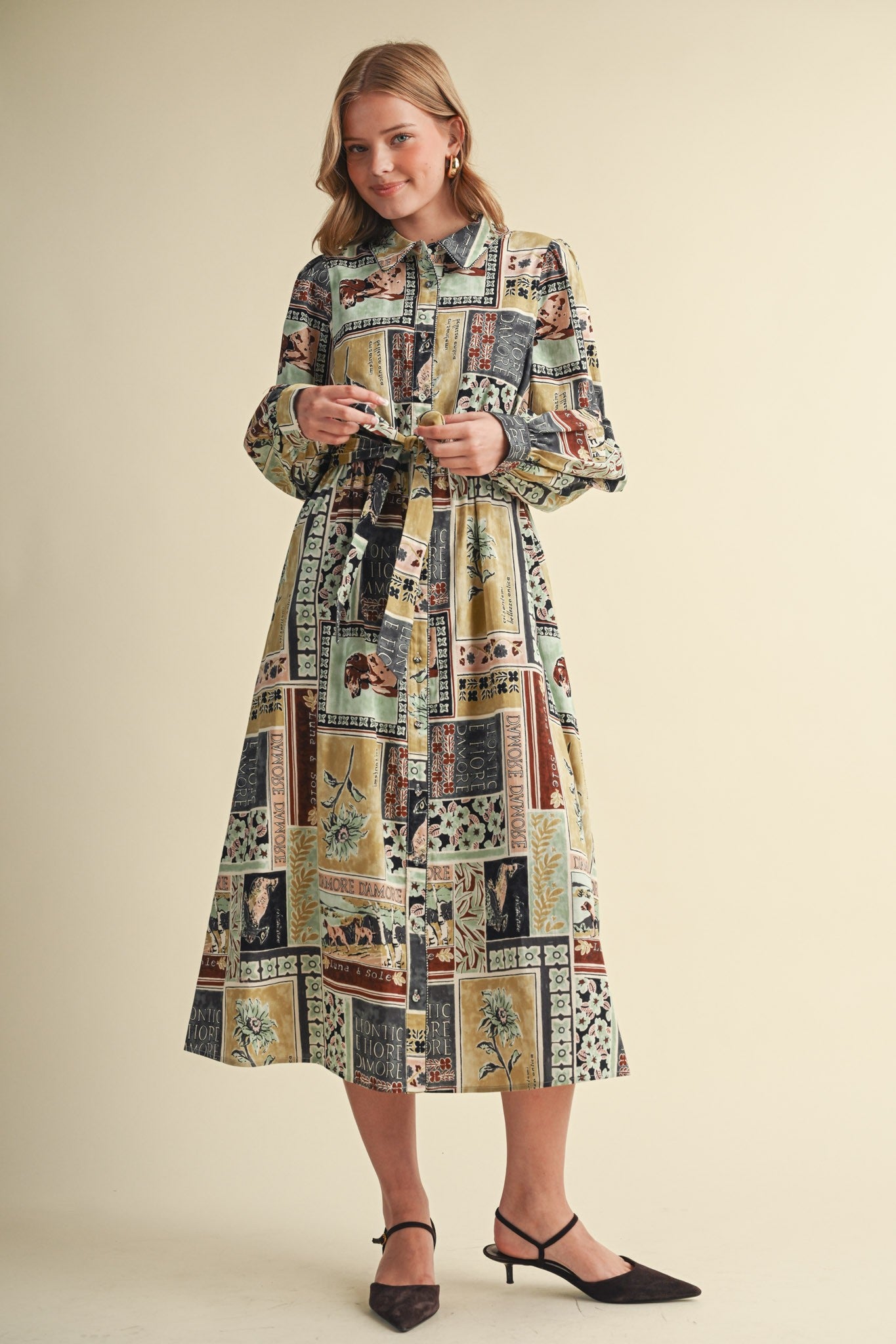 Portobello Road Belted Patchwork Print Midi Dress in Ash Grey Multi, photo 4