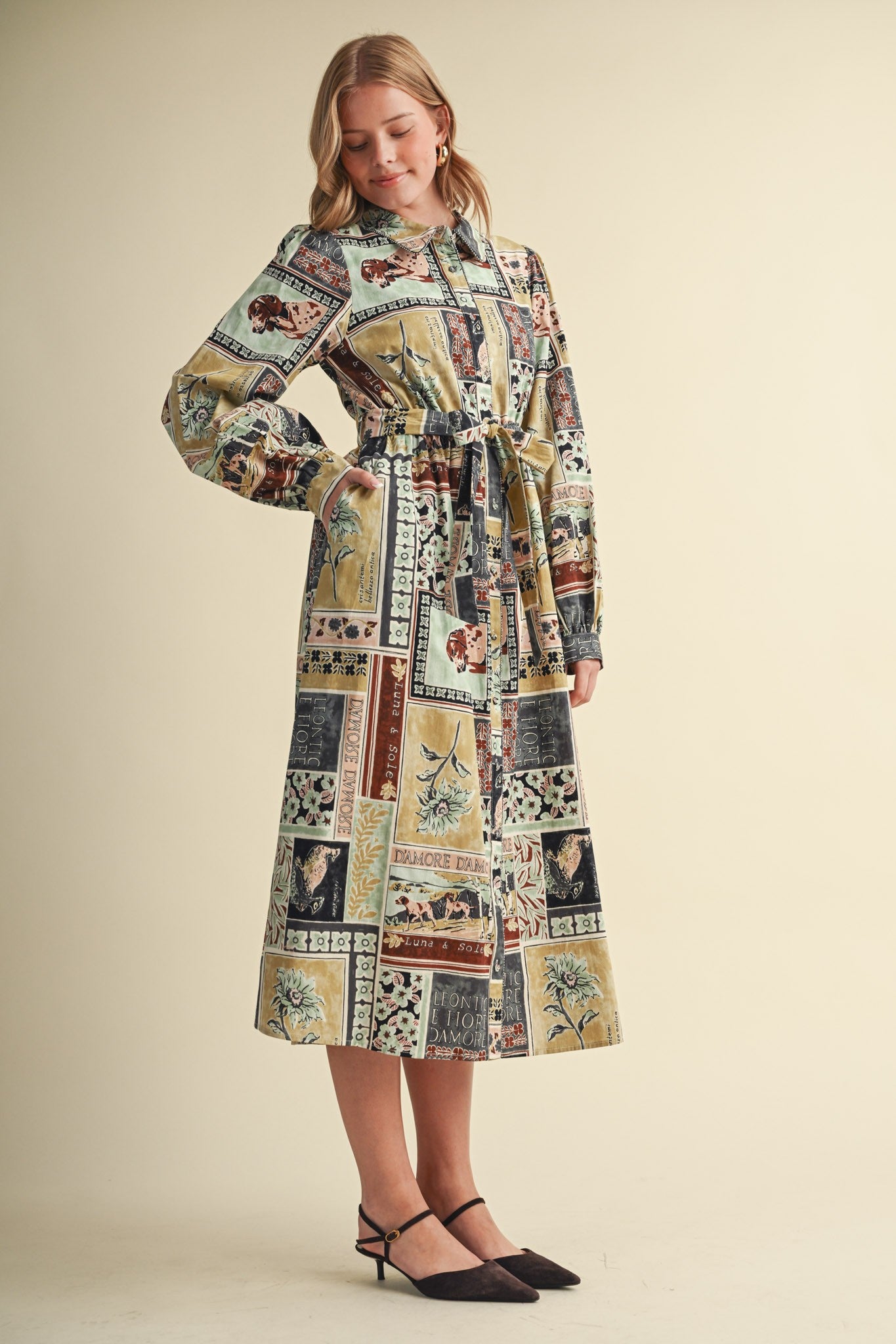 Portobello Road Belted Patchwork Print Midi Dress in Ash Grey Multi, photo 7