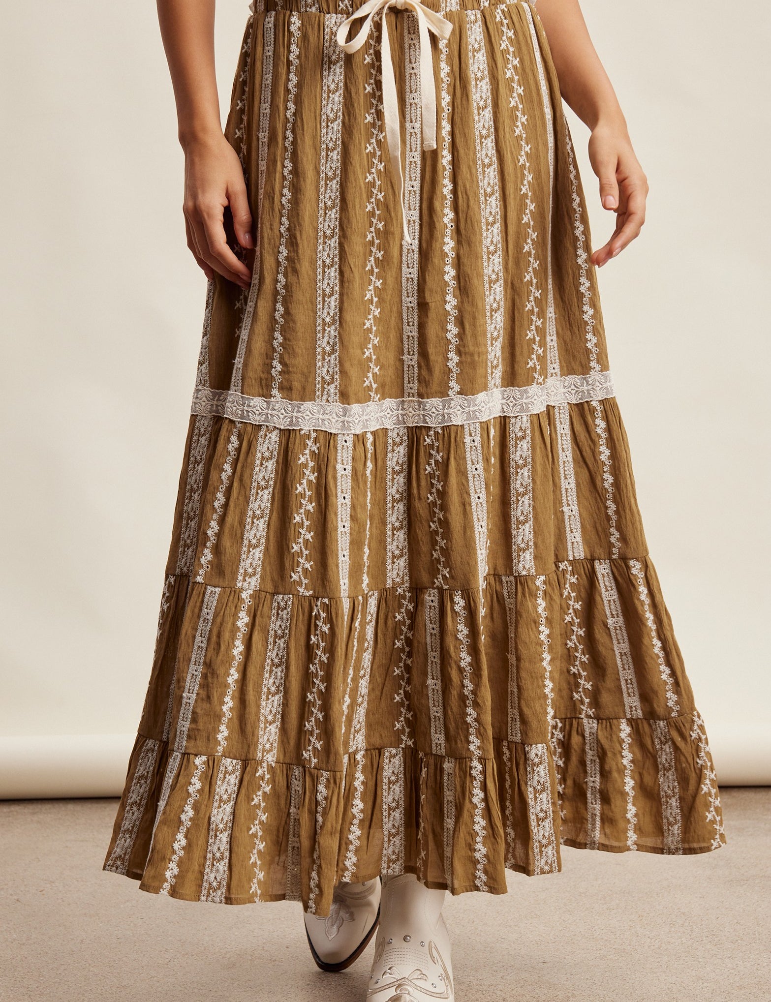 Prairie Thread Embroidered Maxi Skirt in Golden Brown - product photo 1