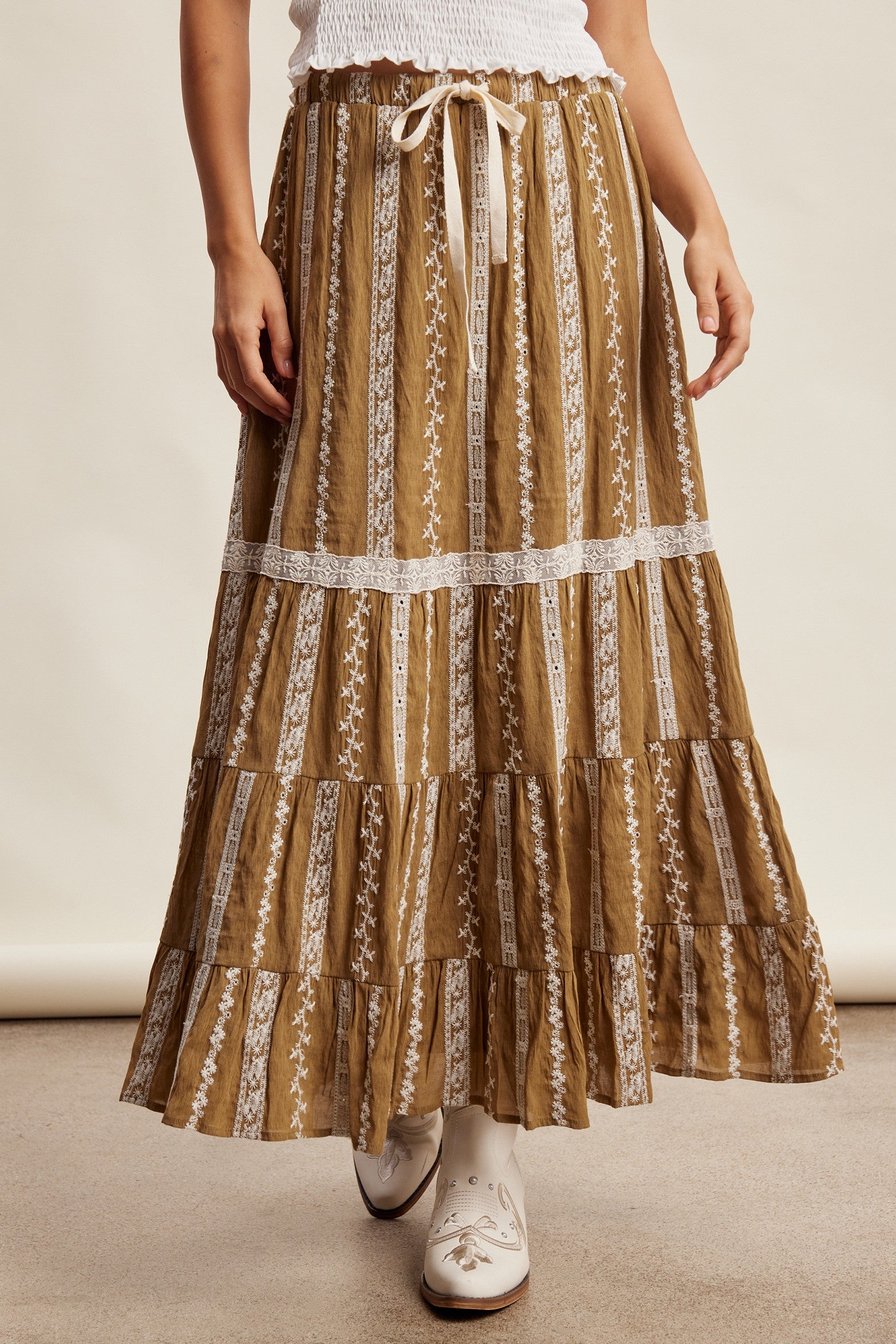 Prairie Thread Embroidered Maxi Skirt in Golden Brown - product photo 1