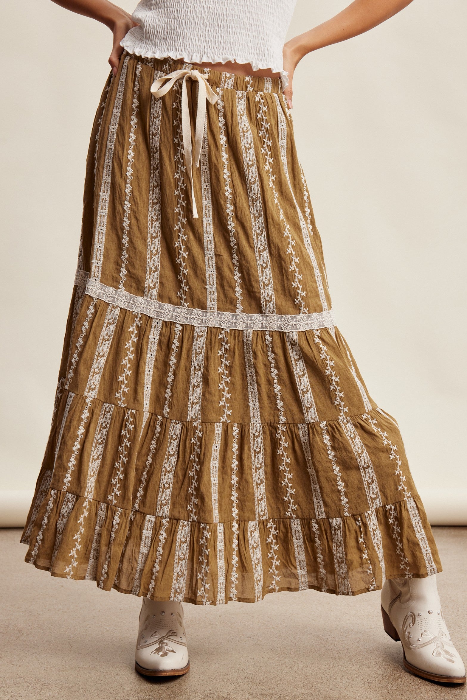 Prairie Thread Embroidered Maxi Skirt in Golden Brown - product photo 2