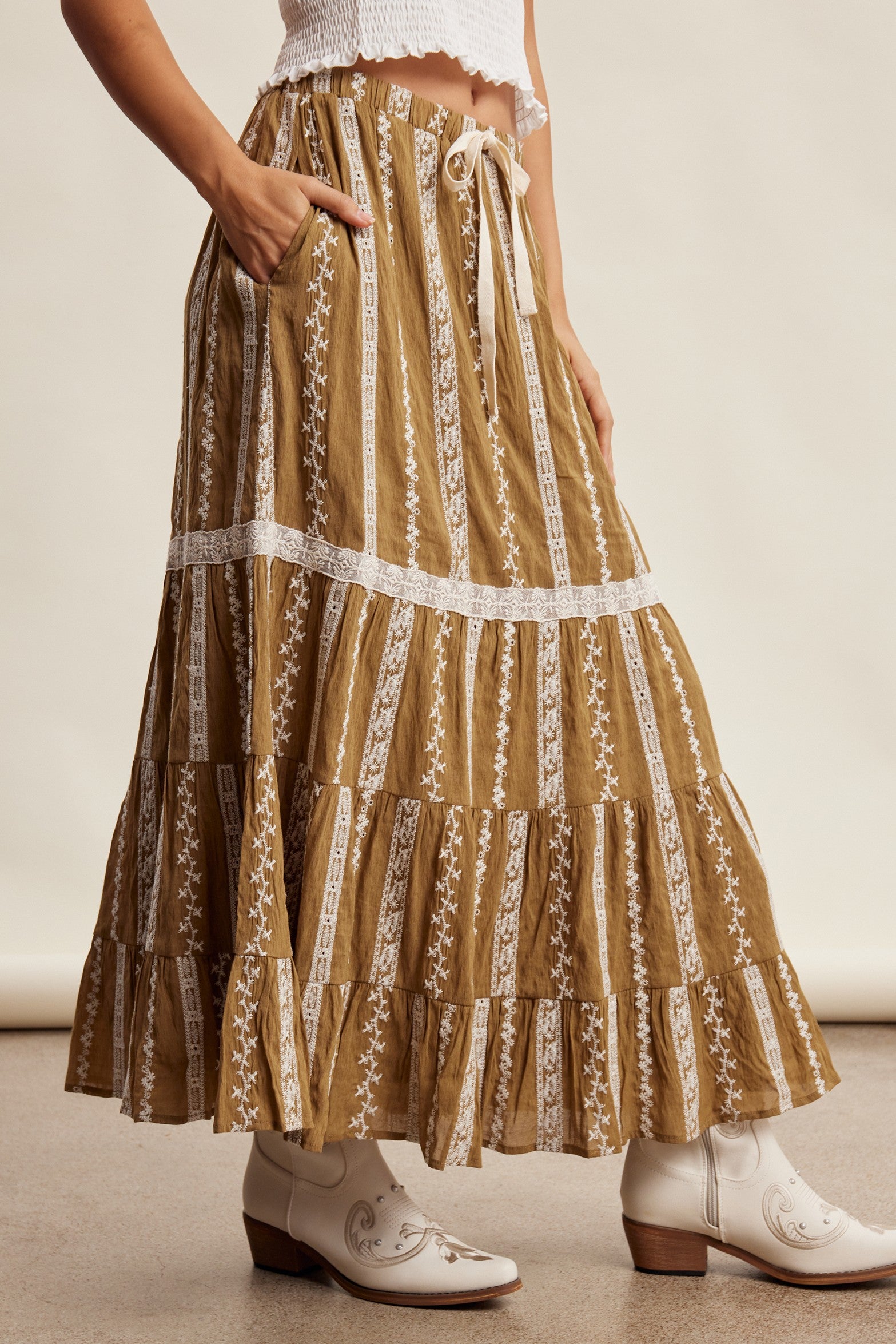 Prairie Thread Embroidered Maxi Skirt in Golden Brown - product photo 3