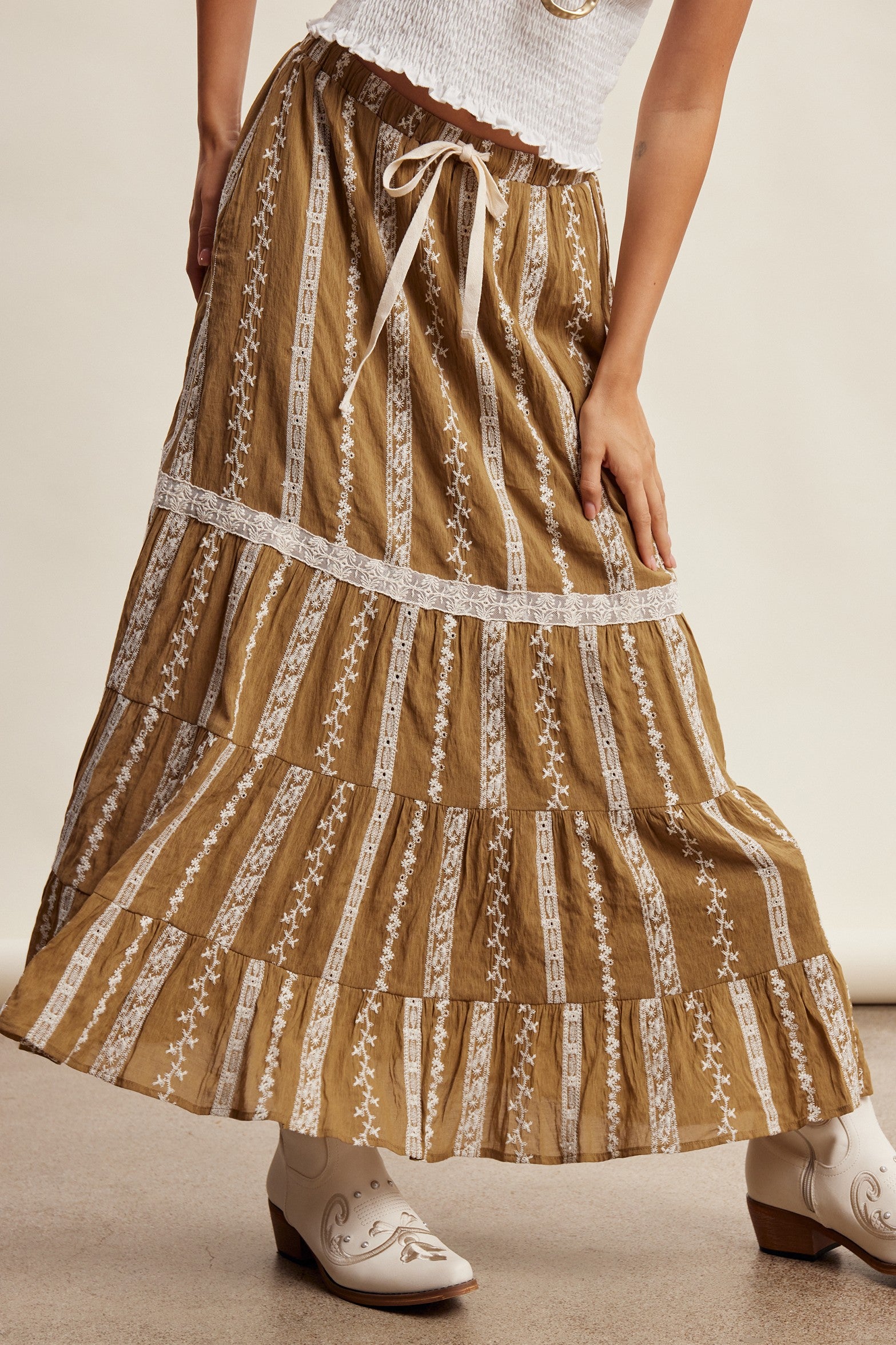 Prairie Thread Embroidered Maxi Skirt in Golden Brown - product photo 4