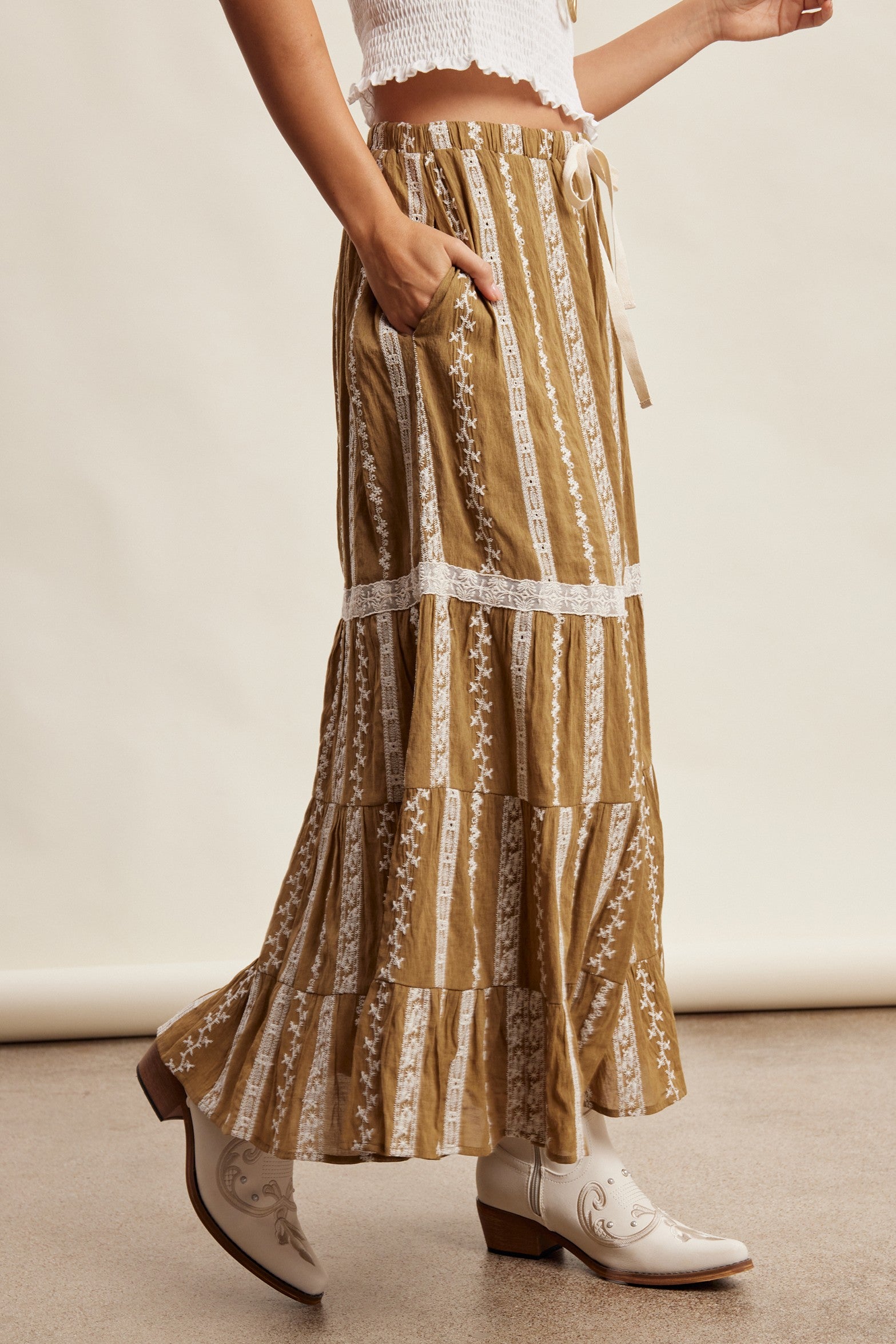 Prairie Thread Embroidered Maxi Skirt in Golden Brown - product photo 5