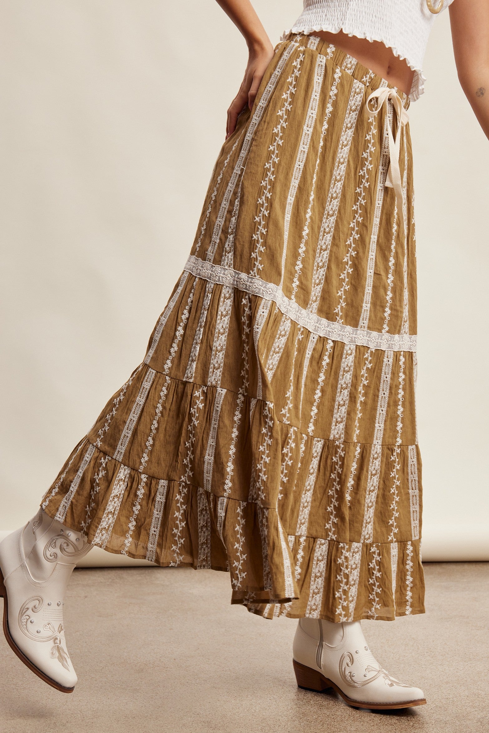 Prairie Thread Embroidered Maxi Skirt in Golden Brown - product photo 6