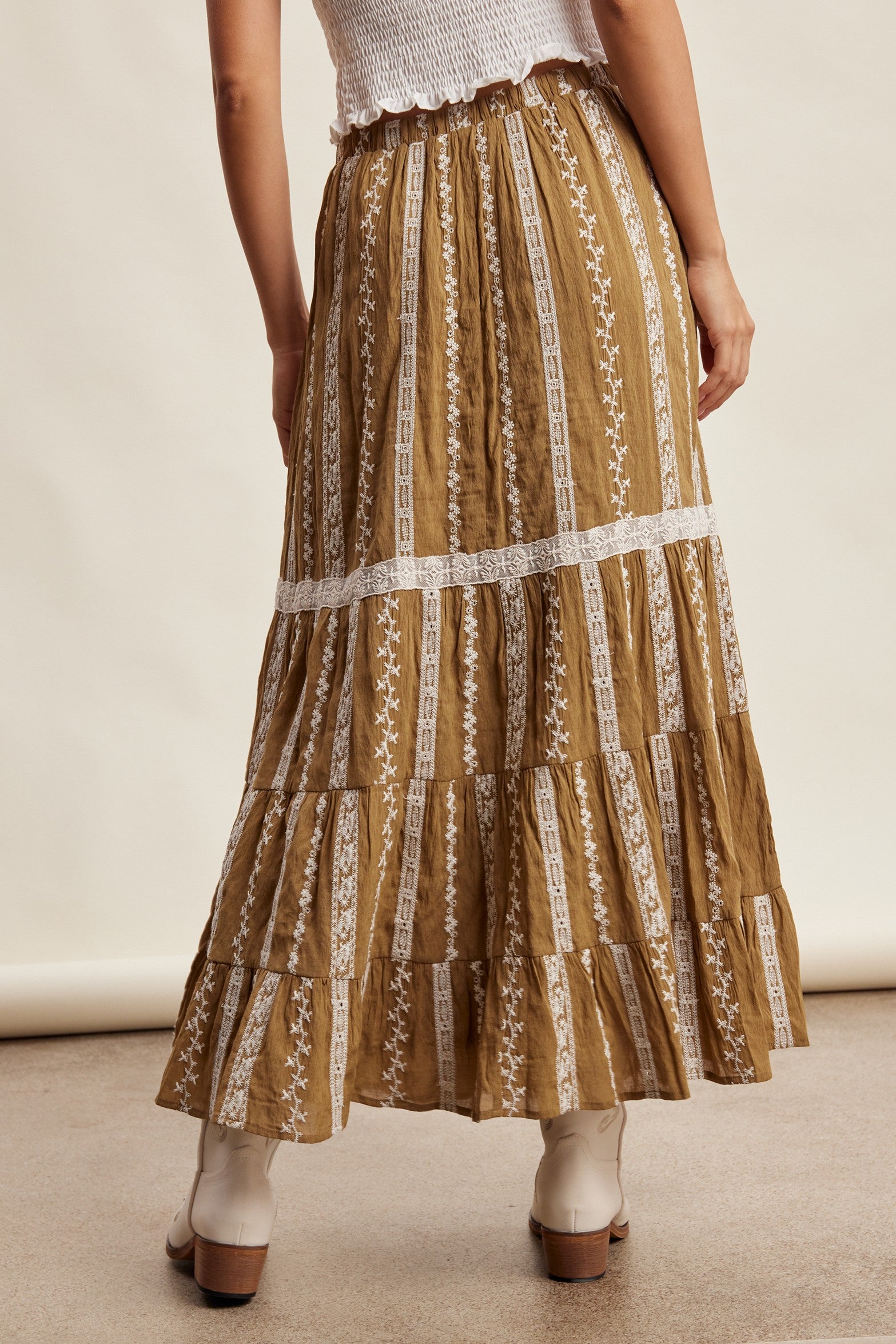 Prairie Thread Embroidered Maxi Skirt in Golden Brown - product photo 7