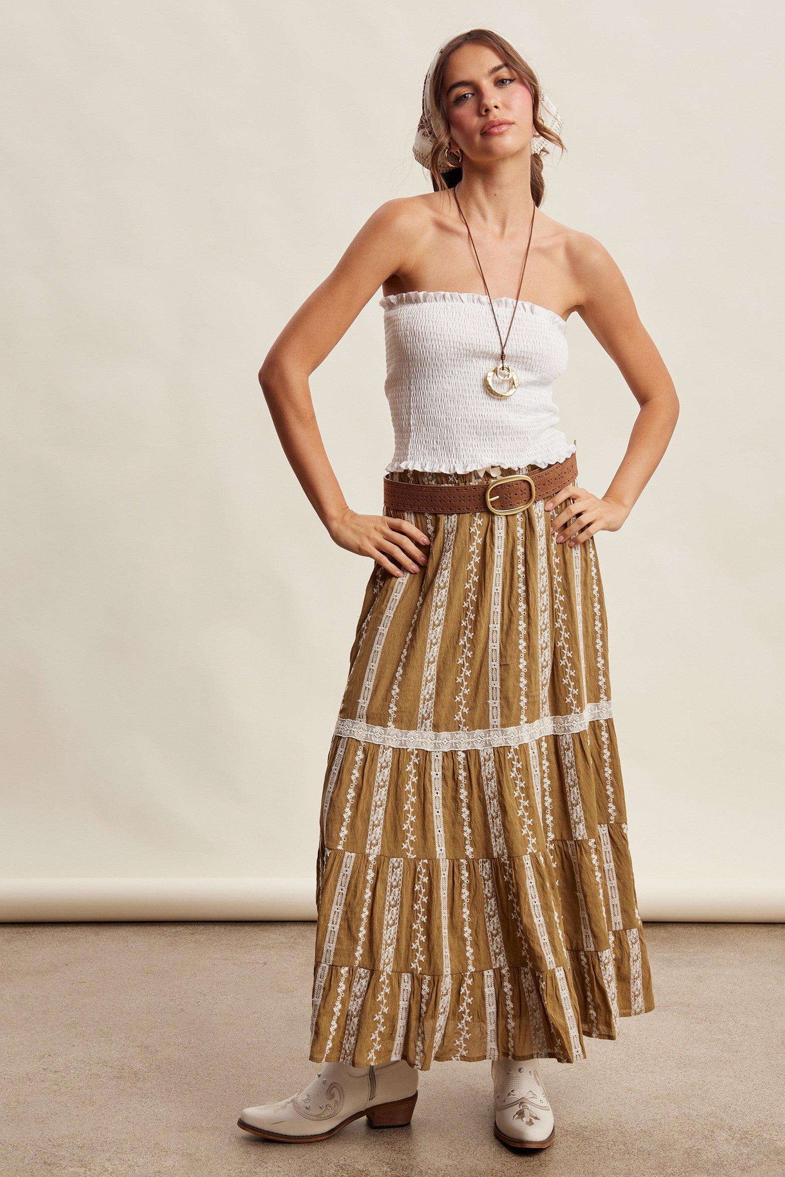Prairie Thread Embroidered Maxi Skirt in Golden Brown - product photo 8