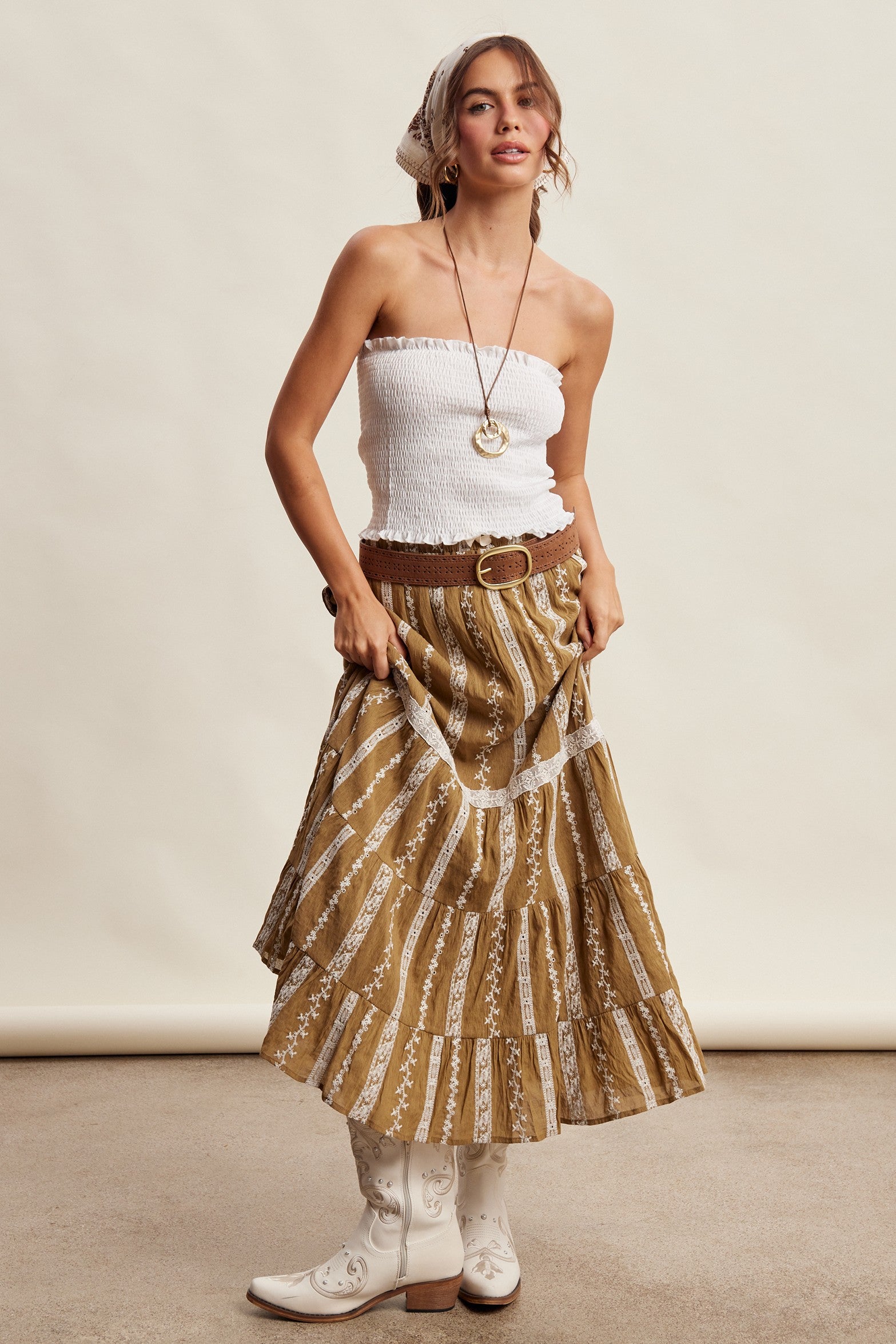 Prairie Thread Embroidered Maxi Skirt in Golden Brown - product photo 9