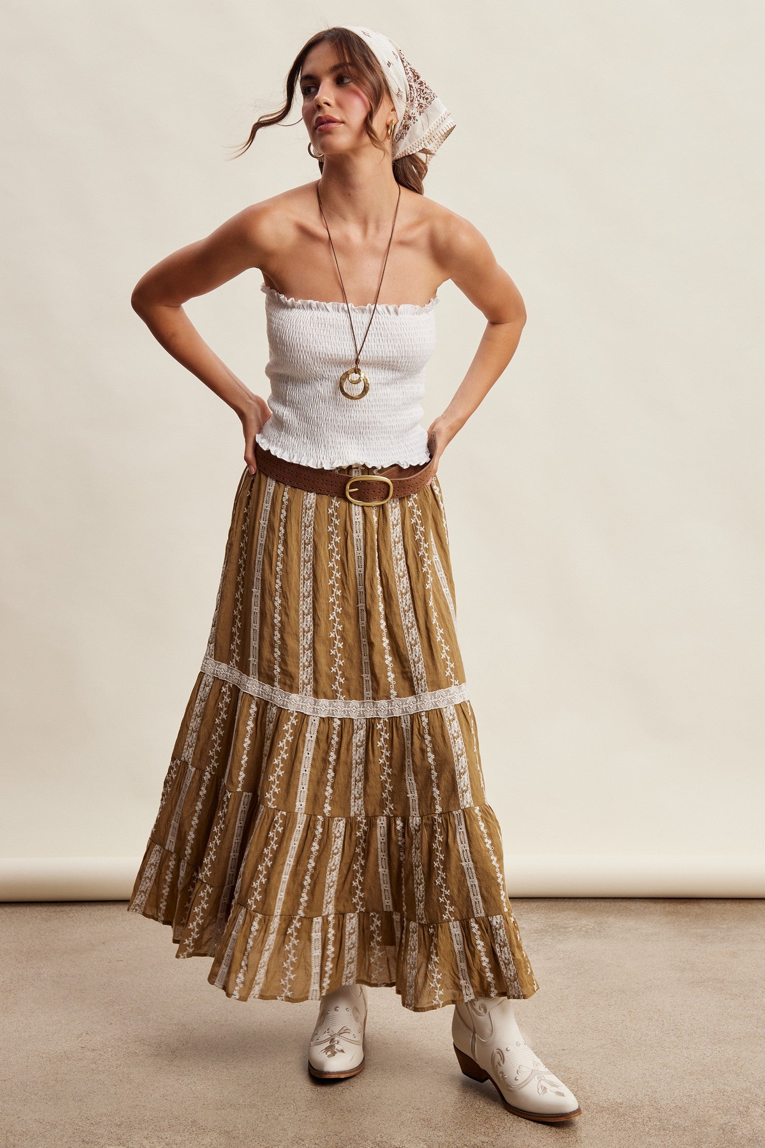Prairie Thread Embroidered Maxi Skirt in Golden Brown - product photo 10