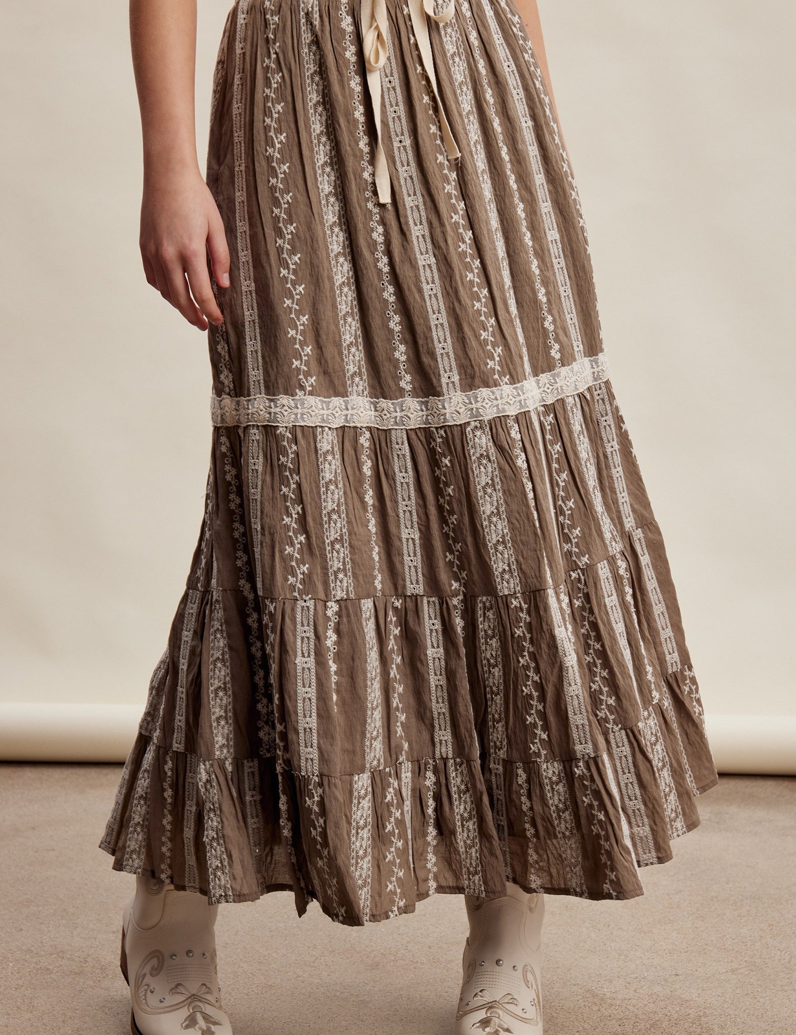 Prairie Thread Embroidered Maxi Skirt in Mocha - product photo 1