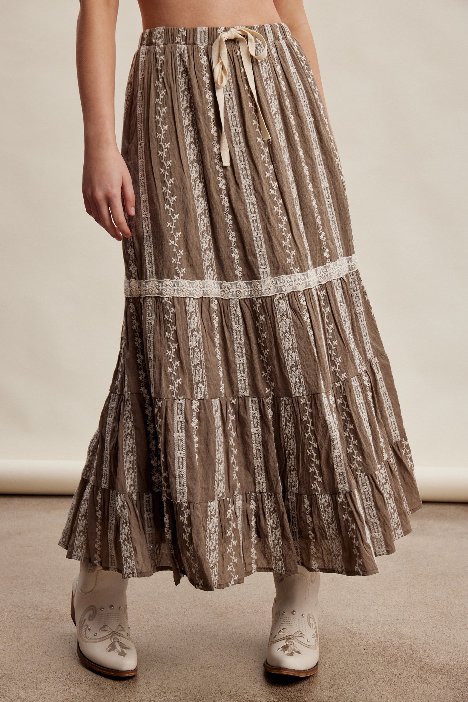 Prairie Thread Embroidered Maxi Skirt in Mocha - product photo 1