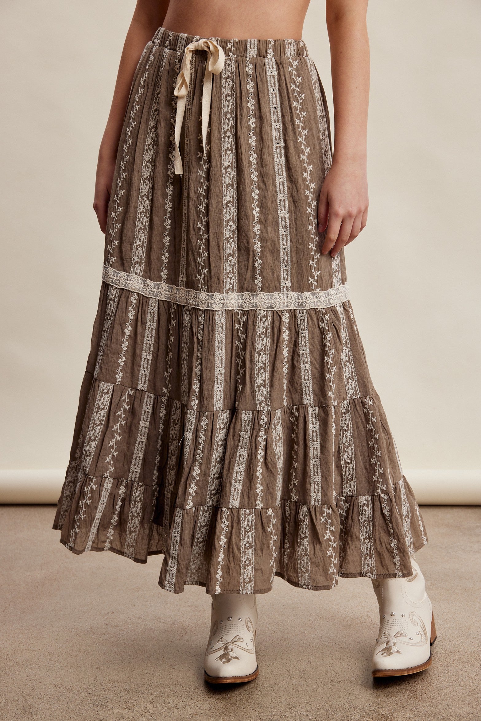 Prairie Thread Embroidered Maxi Skirt in Mocha - product photo 2