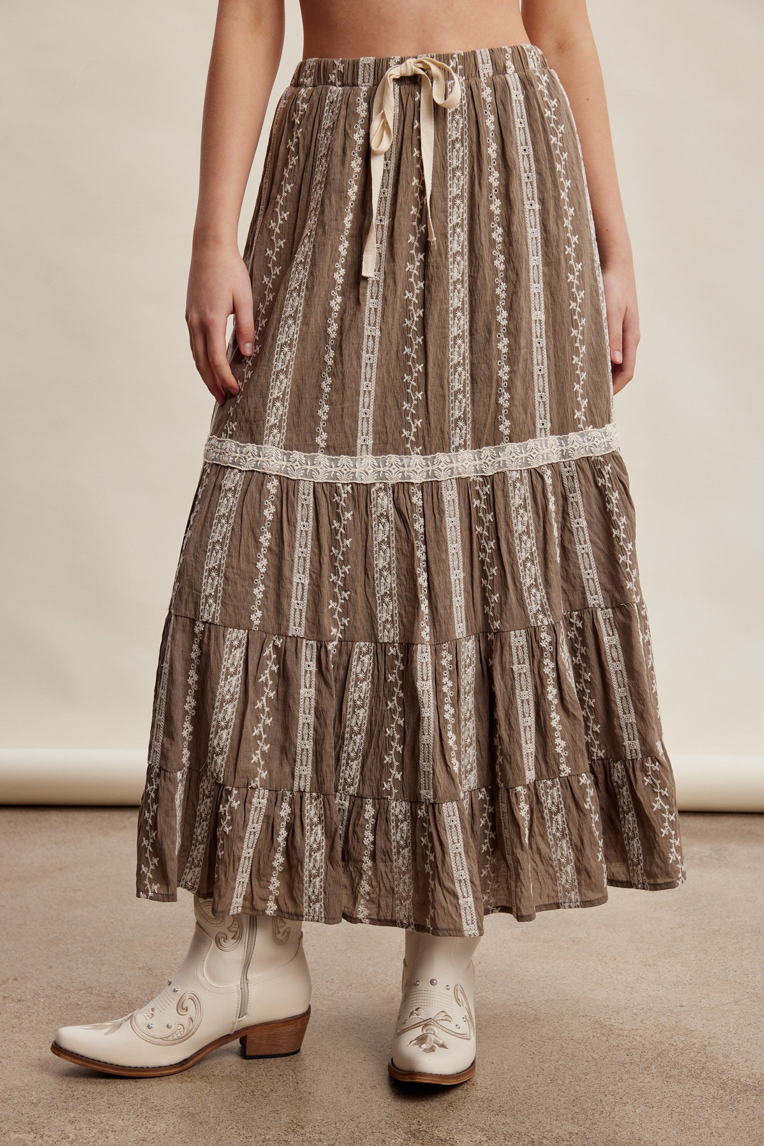 Prairie Thread Embroidered Maxi Skirt in Mocha - product photo 3