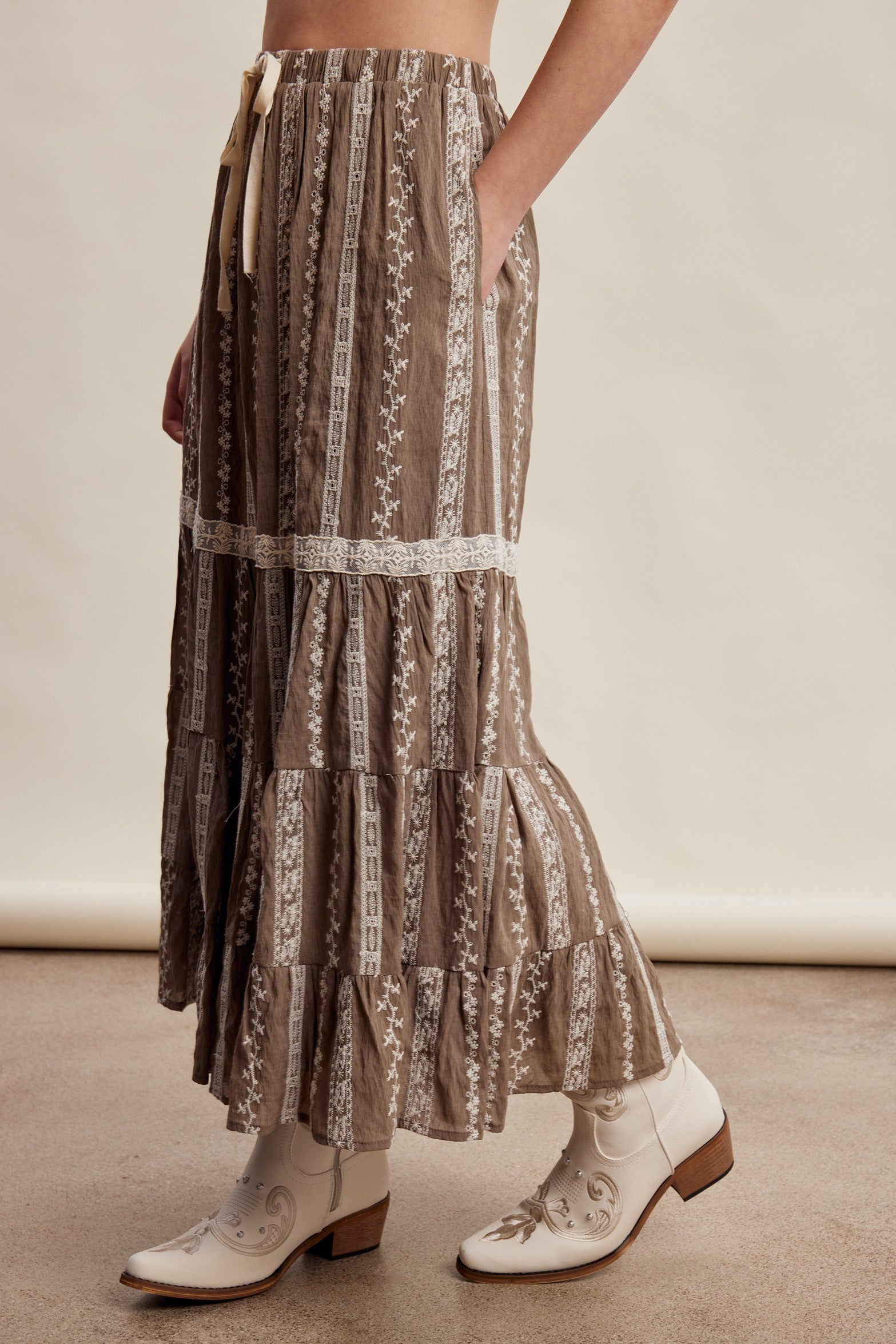Prairie Thread Embroidered Maxi Skirt in Mocha - product photo 5