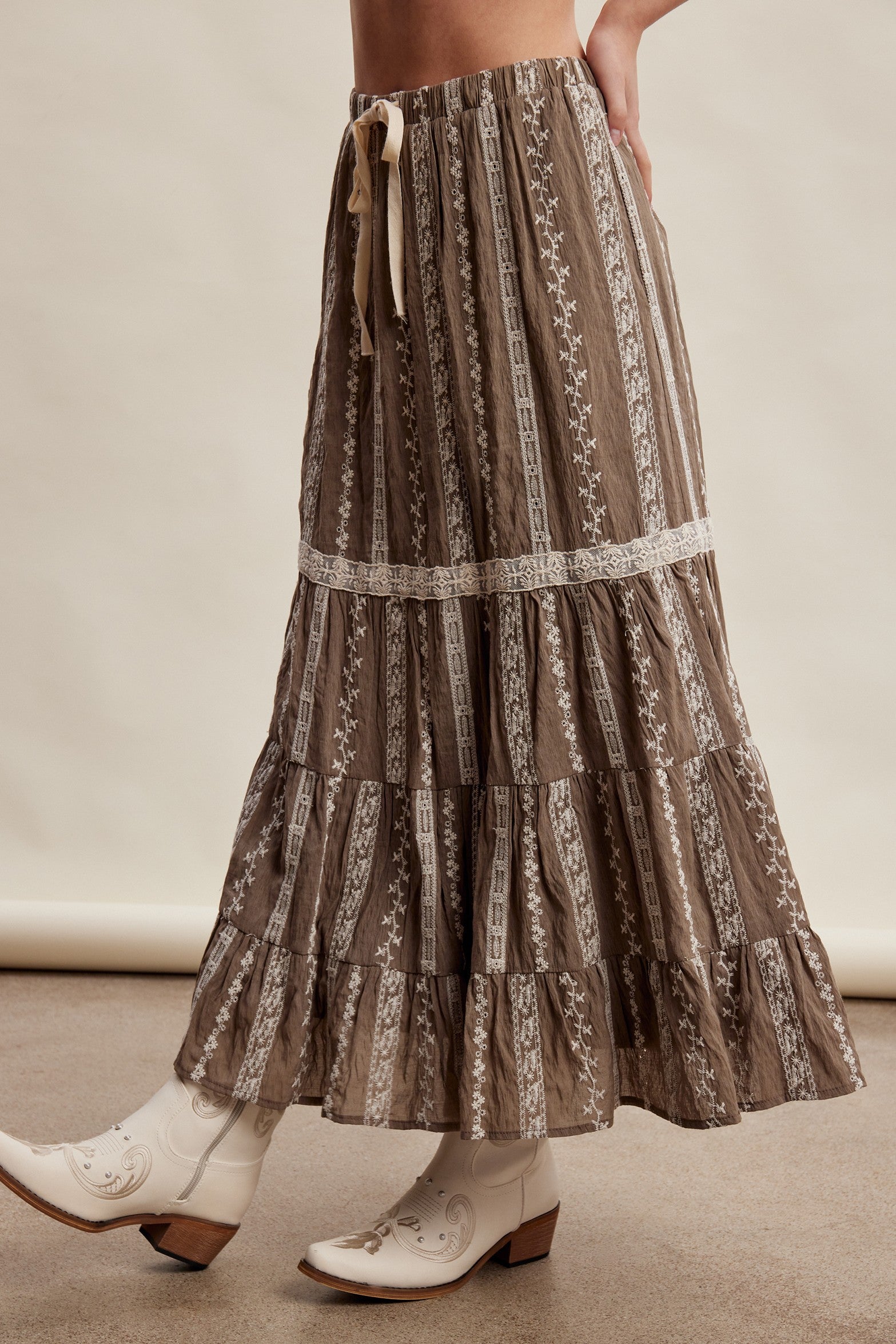 Prairie Thread Embroidered Maxi Skirt in Mocha - product photo 6