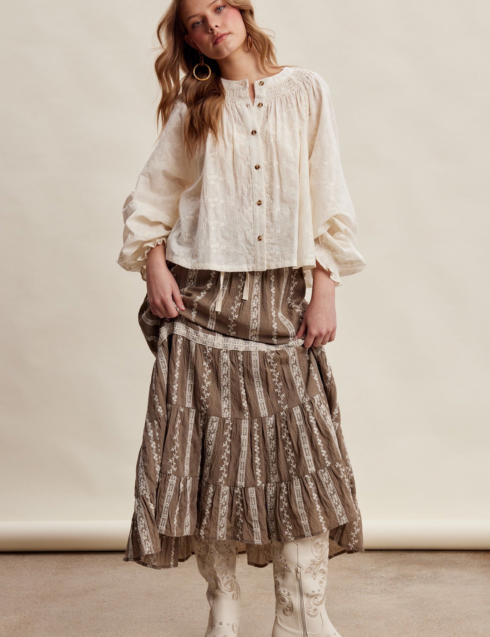 Prairie Thread Embroidered Maxi Skirt in Mocha - product photo 9