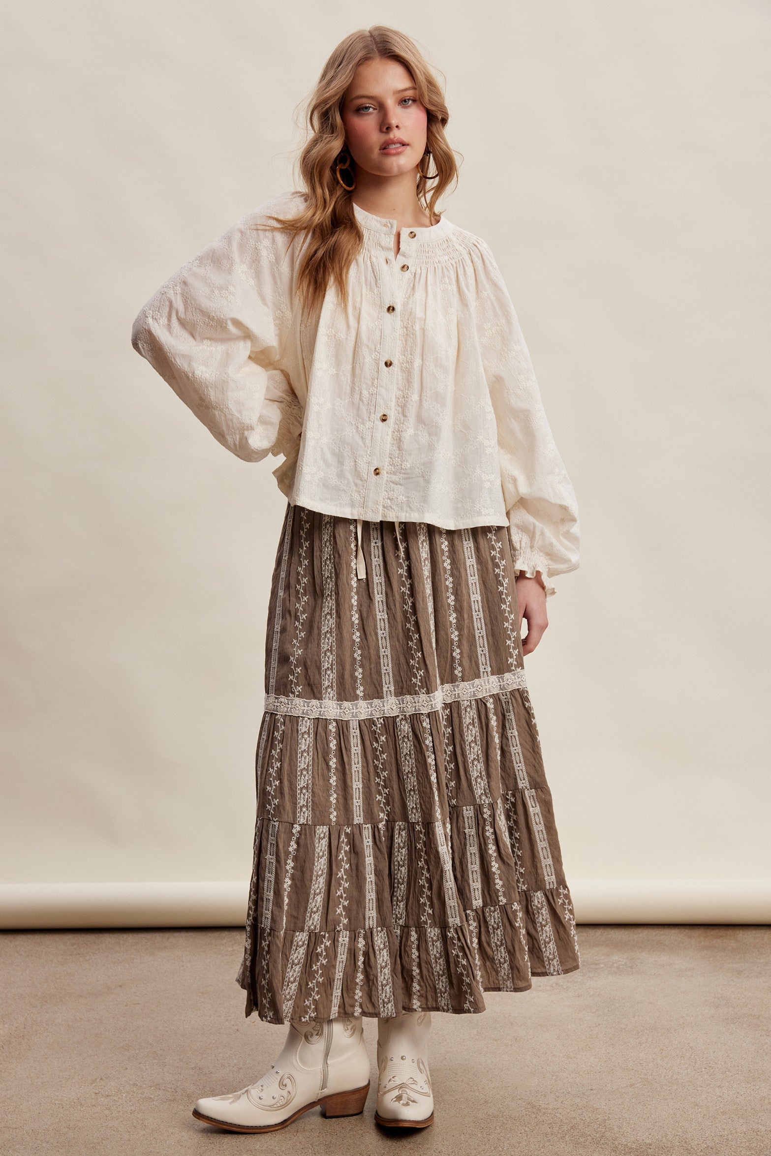 Prairie Thread Embroidered Maxi Skirt in Mocha - product photo 10
