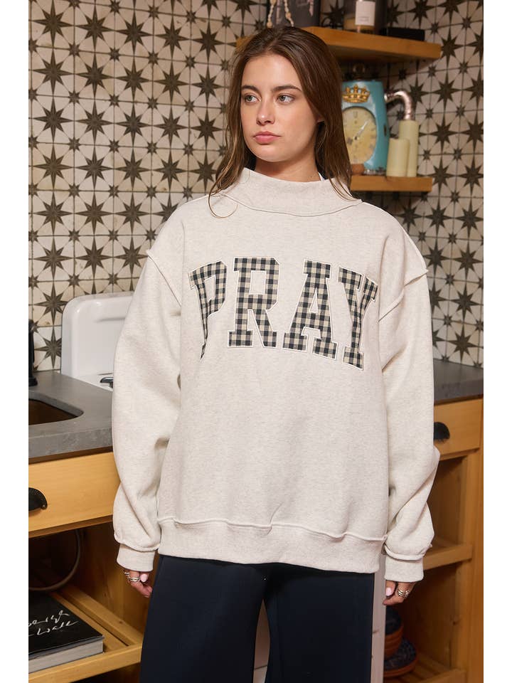 Pray Gingham Applique Mockneck Sweatshirt - Westly