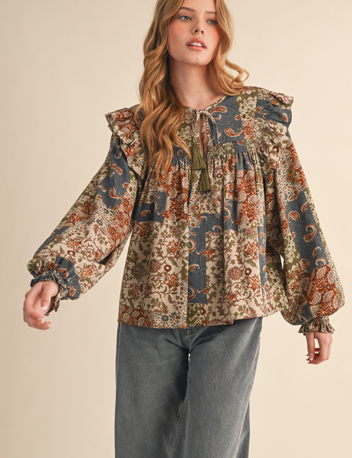 Print Anthology Patchwork Blouse in Teal Blue Multi Floral - product photo 1