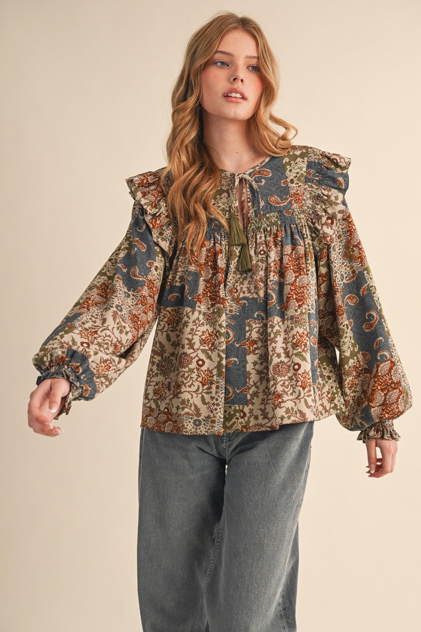 Print Anthology Patchwork Blouse in Teal Blue Multi Floral - product photo 1