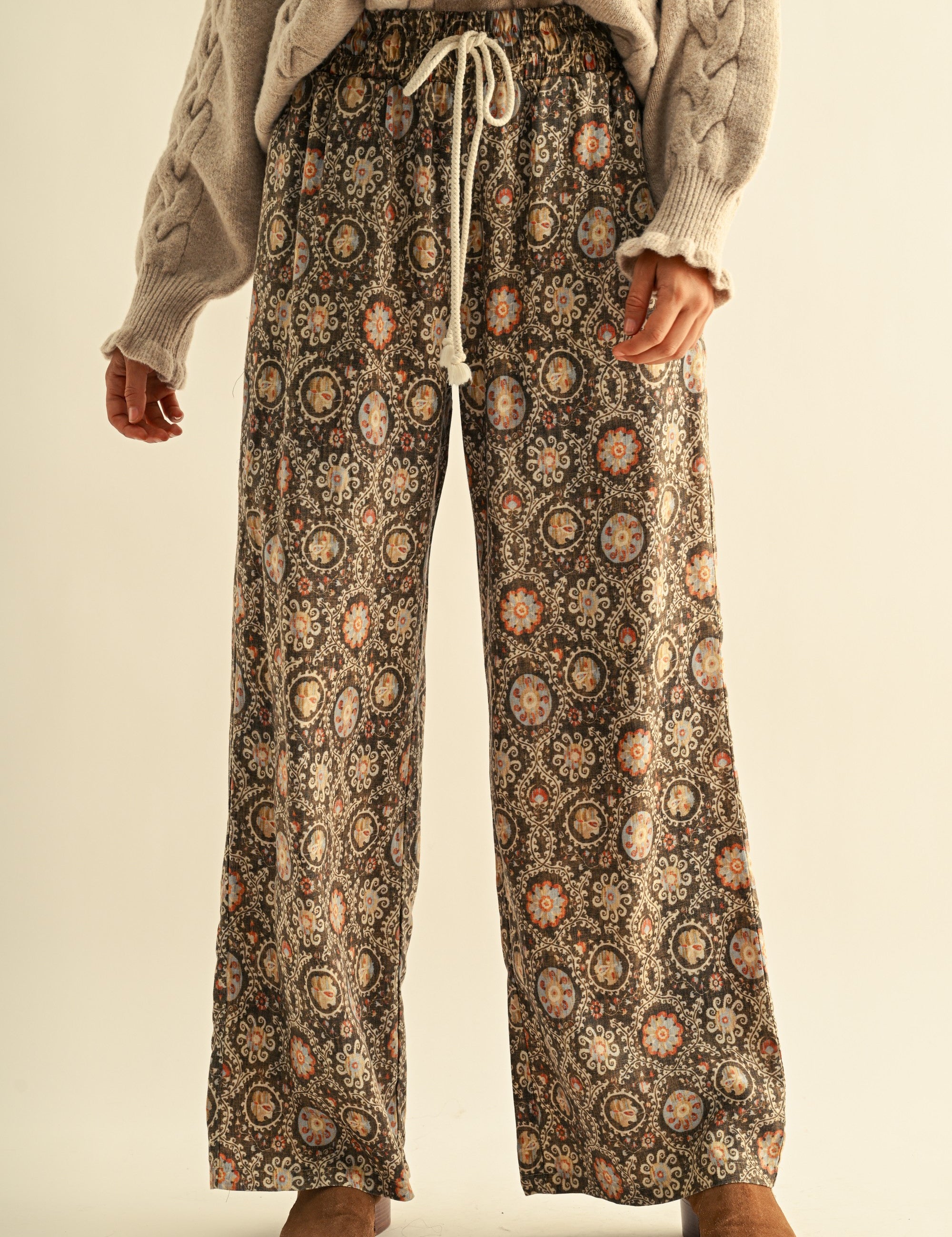 Print Atlas Linen Blend Wide Leg Pants in Burnt Olive - product photo 1