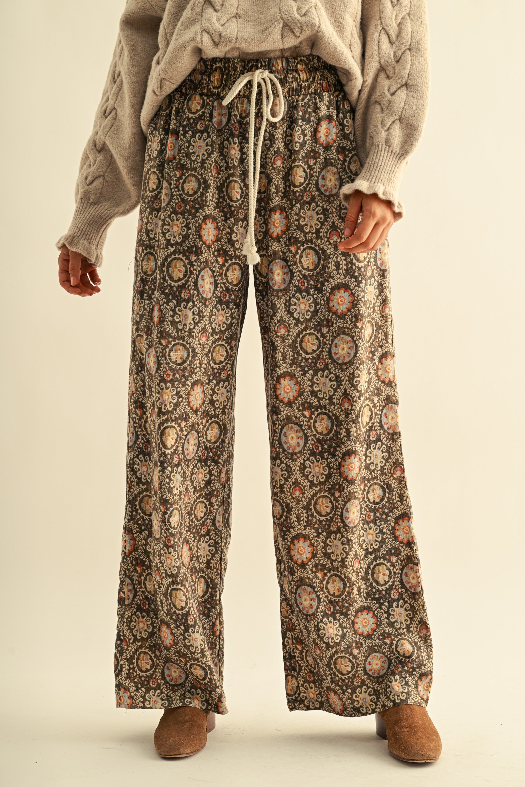 Print Atlas Linen Blend Wide Leg Pants in Burnt Olive - product photo 1