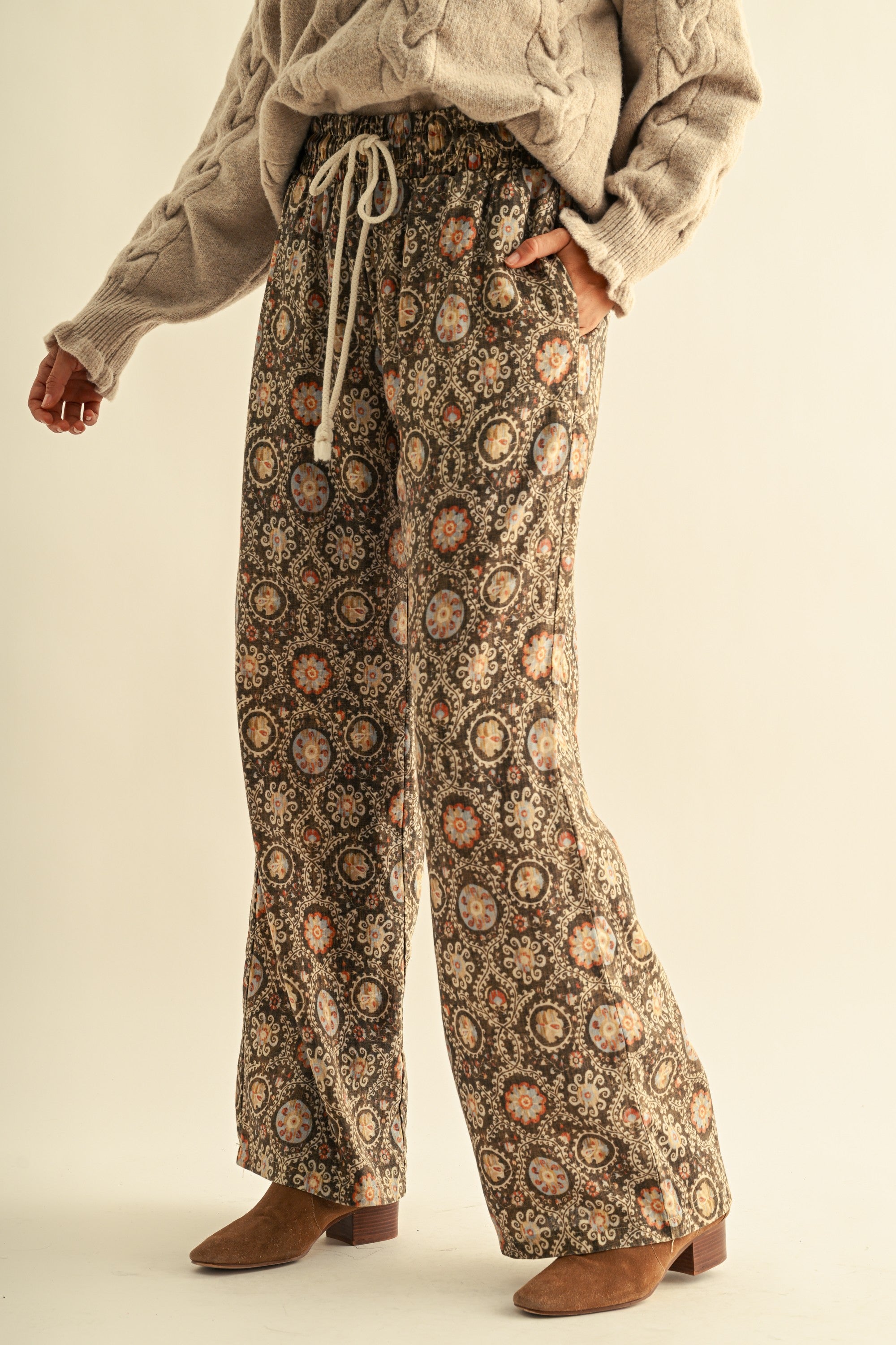 Print Atlas Linen Blend Wide Leg Pants in Burnt Olive - product photo 2