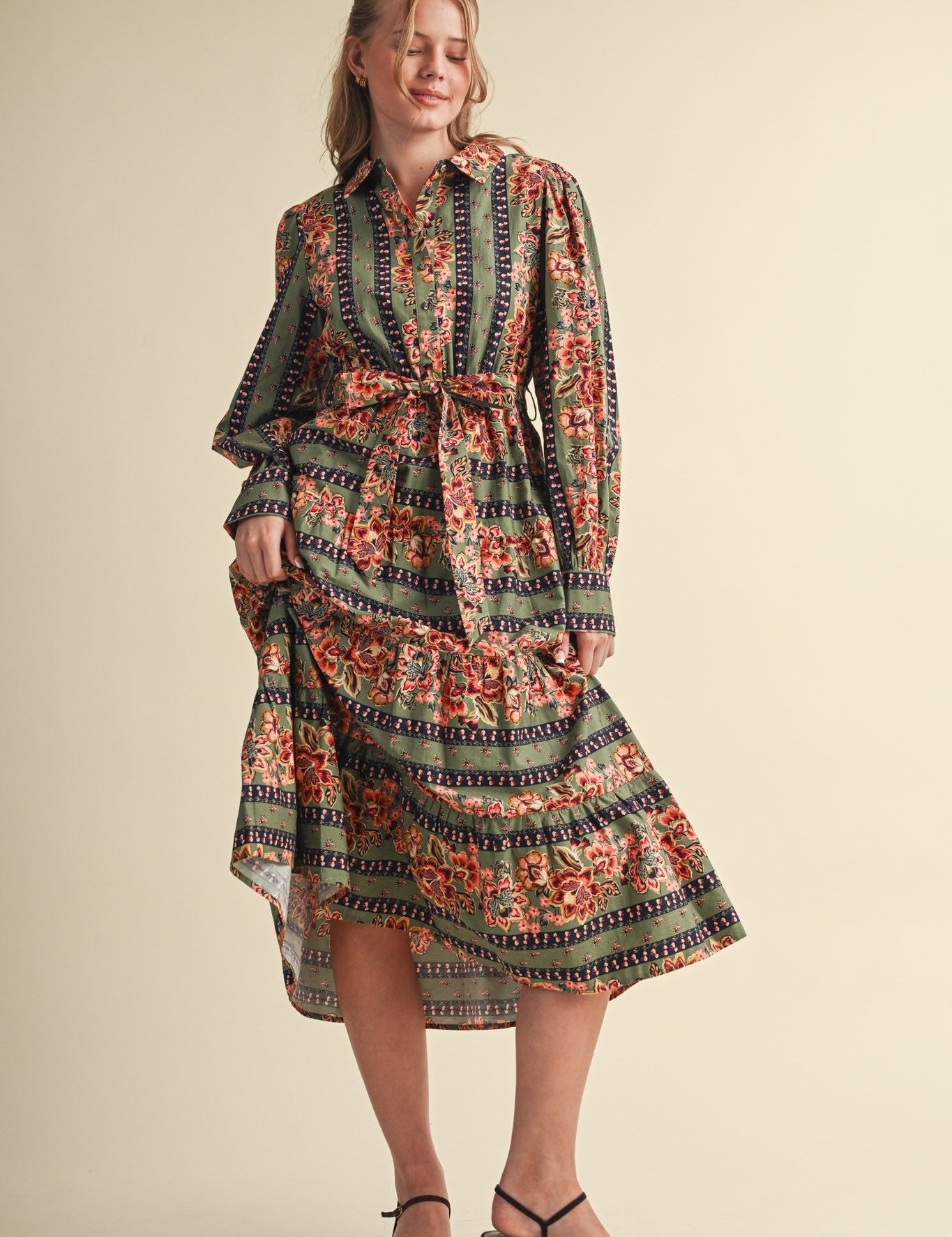 Printed Reverie Belted Floral Midi Dress - Westly