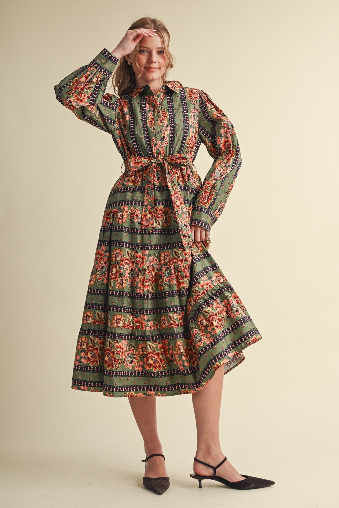 Printed Reverie Belted Floral Midi Dress - Westly