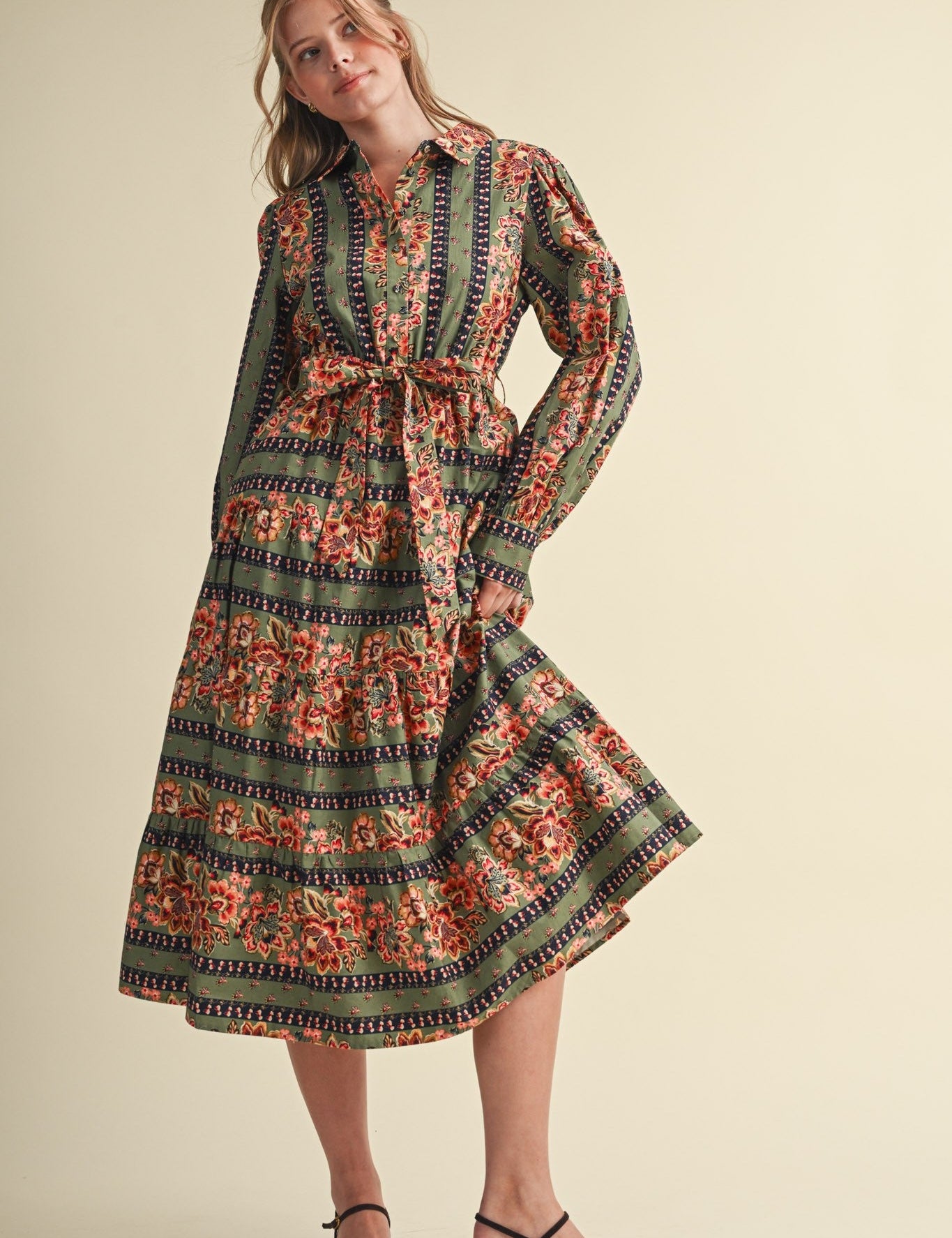 Printed Reverie Belted Floral Midi Dress - Westly