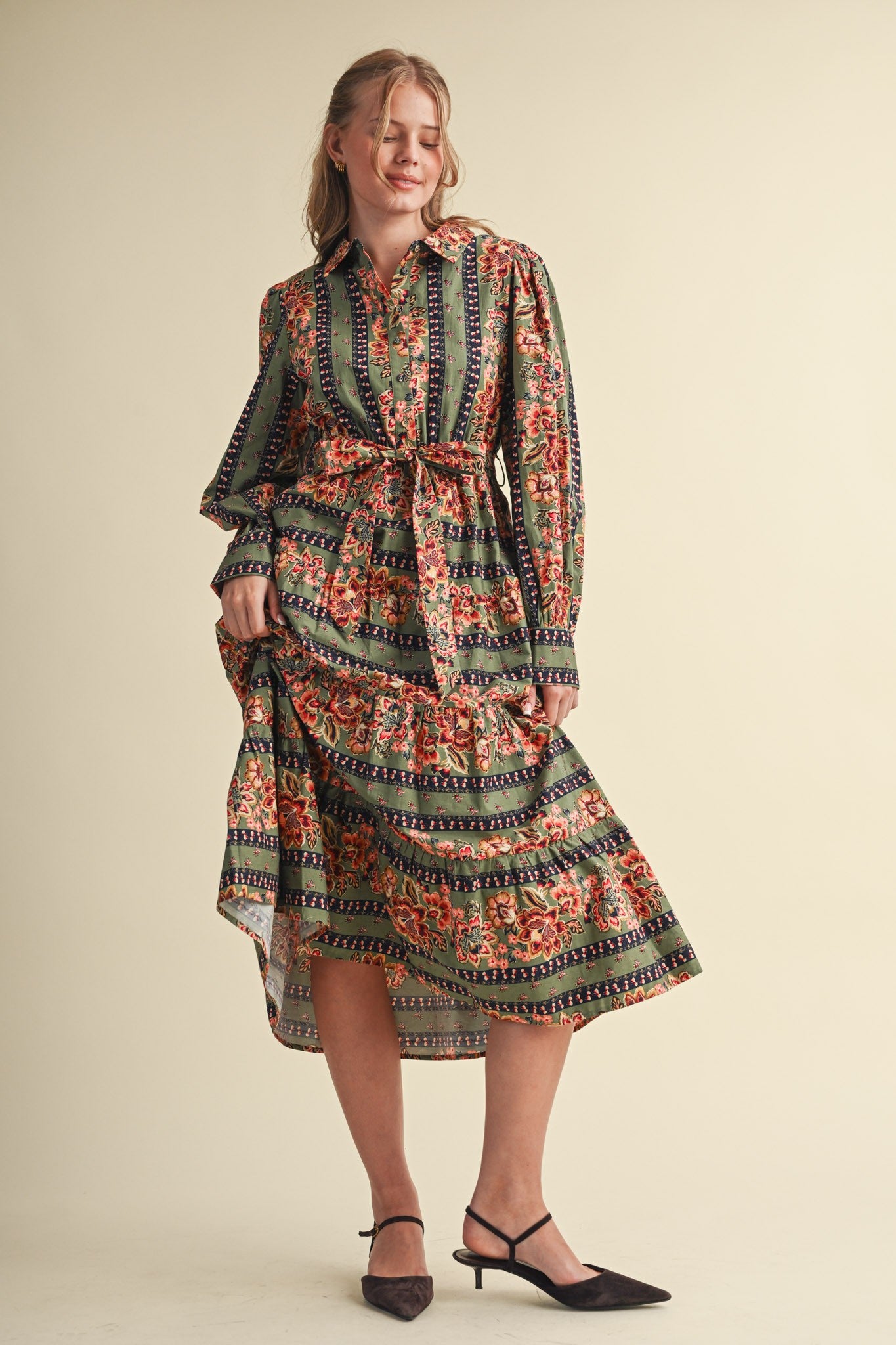 Printed Reverie Belted Floral Midi Dress in Dusty Blue Floral, photo 1