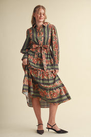 Printed Reverie Belted Floral Midi Dress in Dusty Blue Floral, photo 1