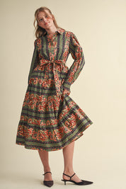 Printed Reverie Belted Floral Midi Dress in Dusty Blue Floral, photo 2