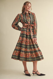 Printed Reverie Belted Floral Midi Dress in Dusty Blue Floral, photo 4