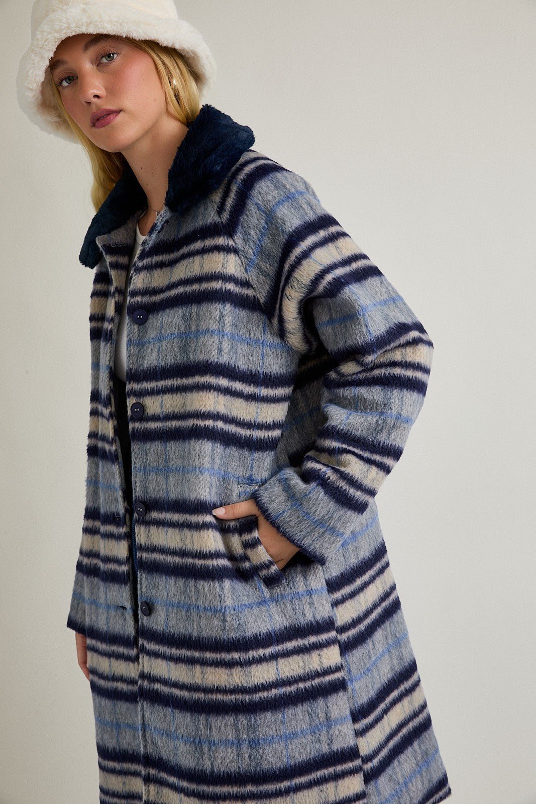 Promenade Faux Fur Collar Plaid Coat - Westly