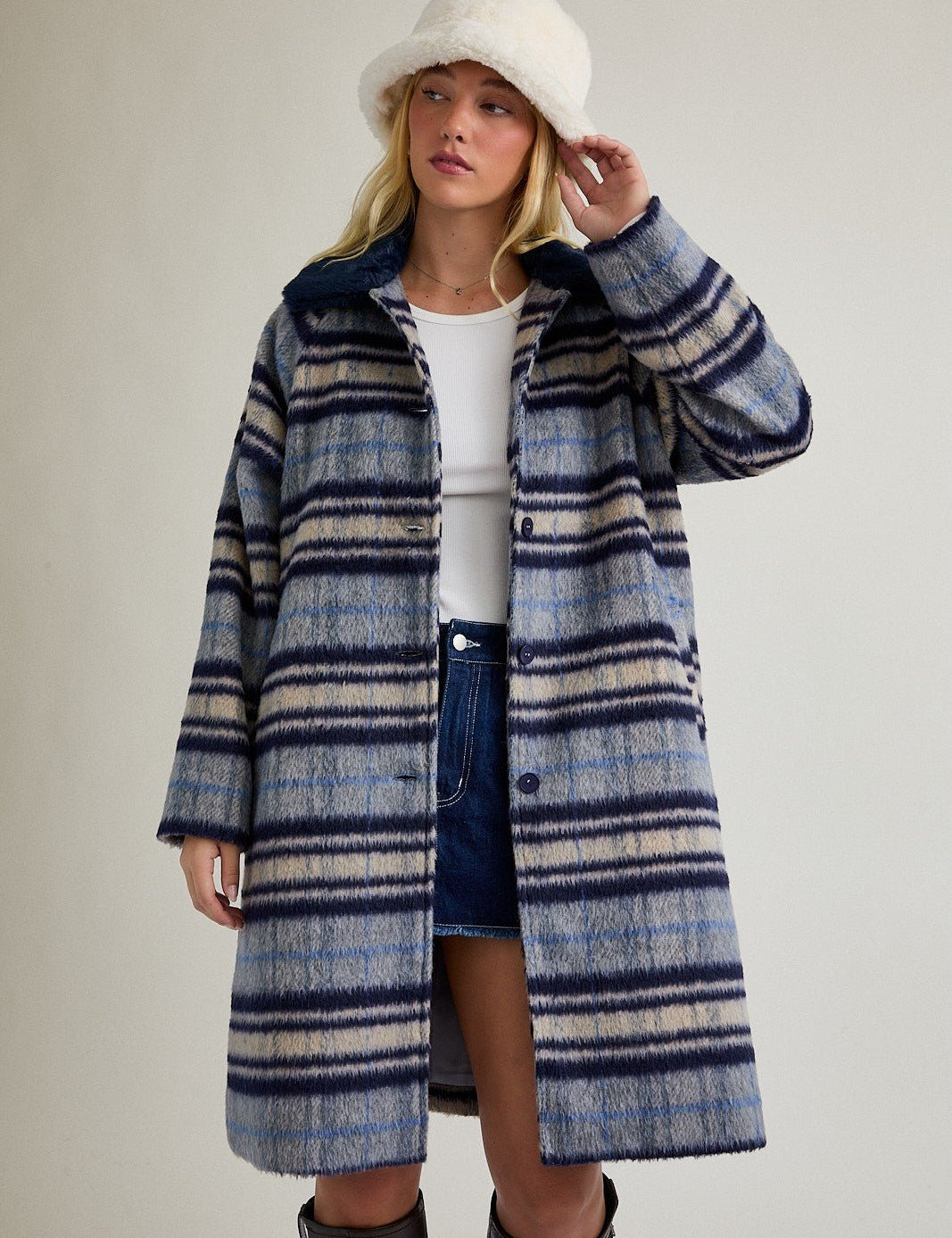 Promenade Faux Fur Collar Plaid Coat - Westly