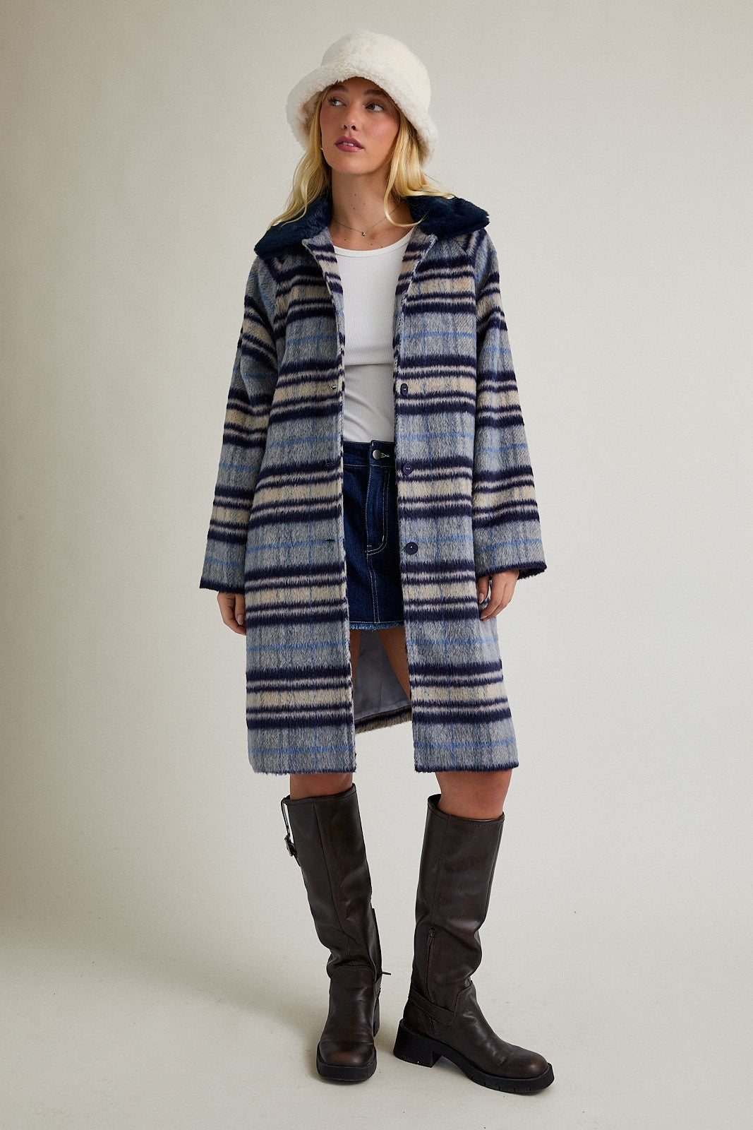 Promenade Faux Fur Collar Plaid Coat - Westly